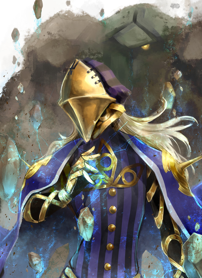 1boy arm_at_side armored_gloves avicebron_(fate) blonde_hair blue_cape cape commentary_request fate/apocrypha fate_(series) geokinesis gloves gold_mask golem hand_up kappamaru long_hair male_focus mask masked solo striped_clothes upper_body