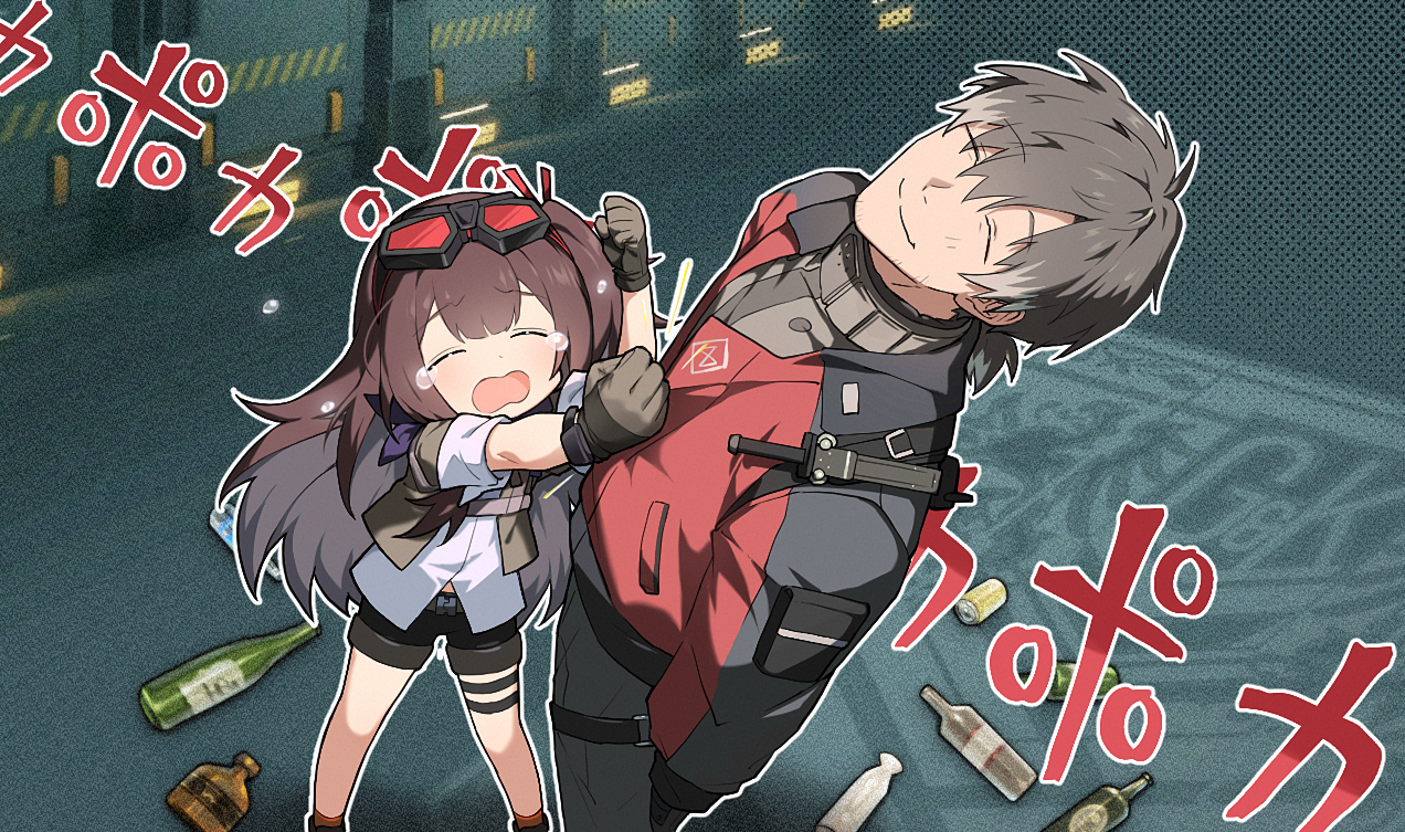 1boy 1girl black_gloves black_hair black_pants black_shorts bottle brown_hair closed_eyes commander_(girls'_frontline) commentary english_commentary girls'_frontline girls'_frontline_2:_exilium gloves goggles goggles_on_head honi_(ohohoni) jacket long_hair mayling_shen_(girls'_frontline_2) meme multicolored_jacket one_side_up open_mouth pants poka_poka_(meme) shirt short_shorts shorts smile two-tone_jacket white_shirt