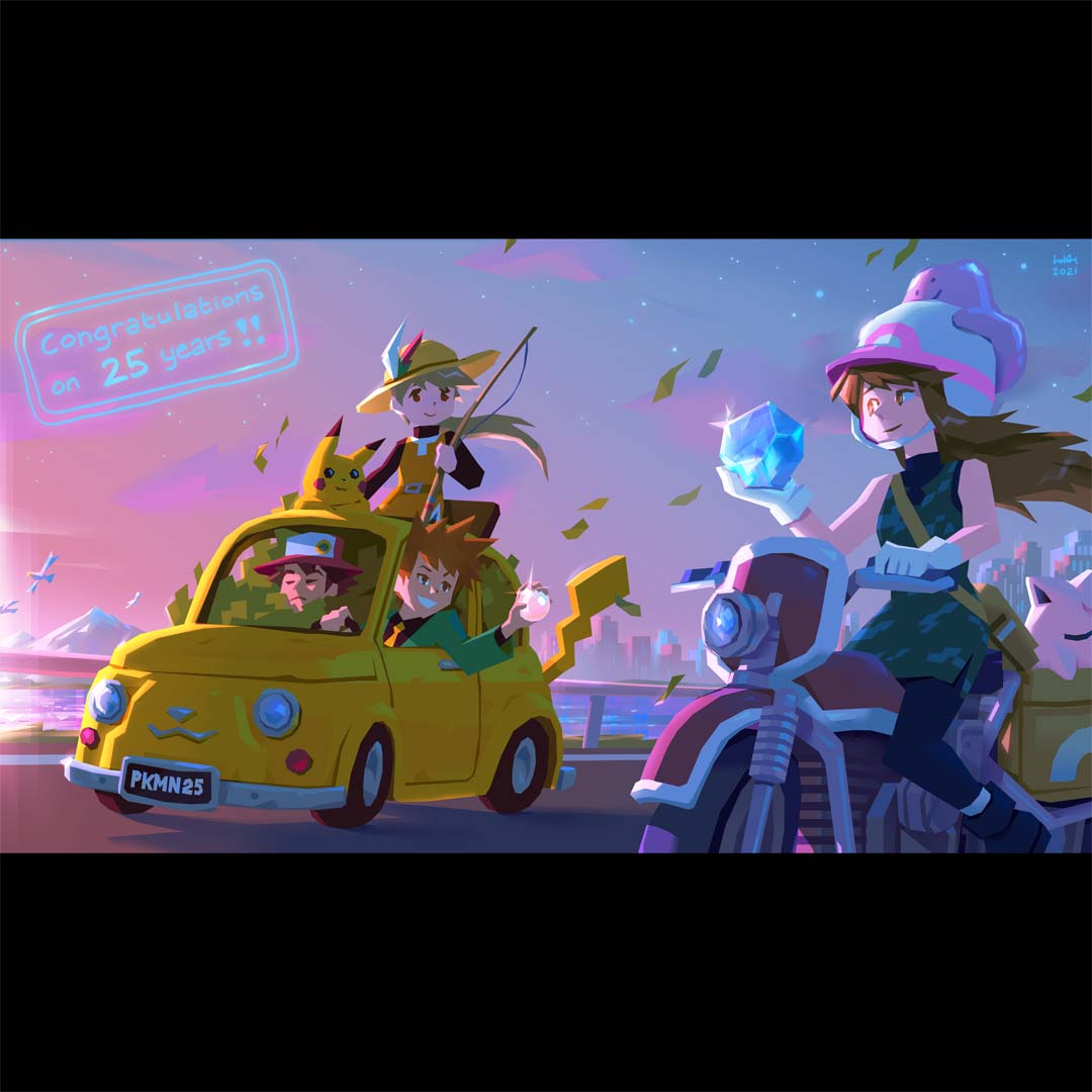 2boys 2girls anniversary arsene_lupin_iii arsene_lupin_iii_(cosplay) banknote black_hair blue_oak brown_hair car castle_of_cagliostro city cosplay diamond_(gemstone) ditto dollar_bill driving english_text fishing_rod formal_clothes gem gen_1_pokemon gen_3_pokemon green_(pokemon) green_suit hat helmet jigen_daisuke jigen_daisuke_(cosplay) jigglypuff lake leonard_hung letterboxed lupin_iii money motor_vehicle motorcycle mountain multiple_boys multiple_girls necktie nintendo parody pearl_(gemstone) pikachu pokemon pokemon_adventures red_(pokemon) riding smile sparkle straw_hat suit sunset vehicle_focus wingull yellow_(pokemon)