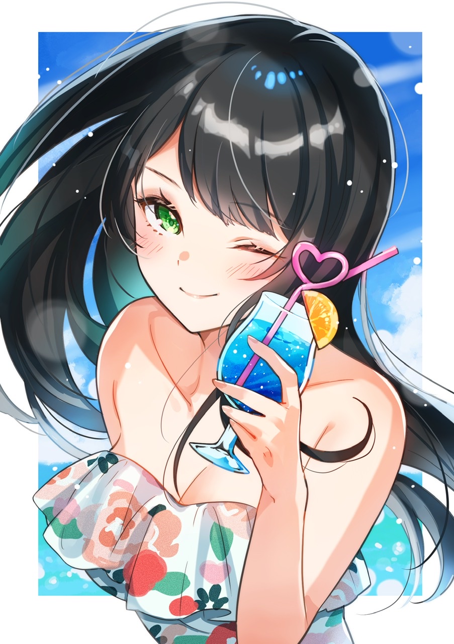 1girl ;) bendy_straw black_hair blush border borrowed_character breasts cleavage closed_mouth collarbone commentary_request commission cup day drink drinking_glass drinking_straw food fruit green_eyes highres holding holding_cup large_breasts lemon lemon_slice long_hair looking_at_viewer one-piece_swimsuit one_eye_closed original outdoors outside_border shinishi_chiho skeb_commission smile solo strapless strapless_one-piece_swimsuit swimsuit upper_body white_border white_one-piece_swimsuit