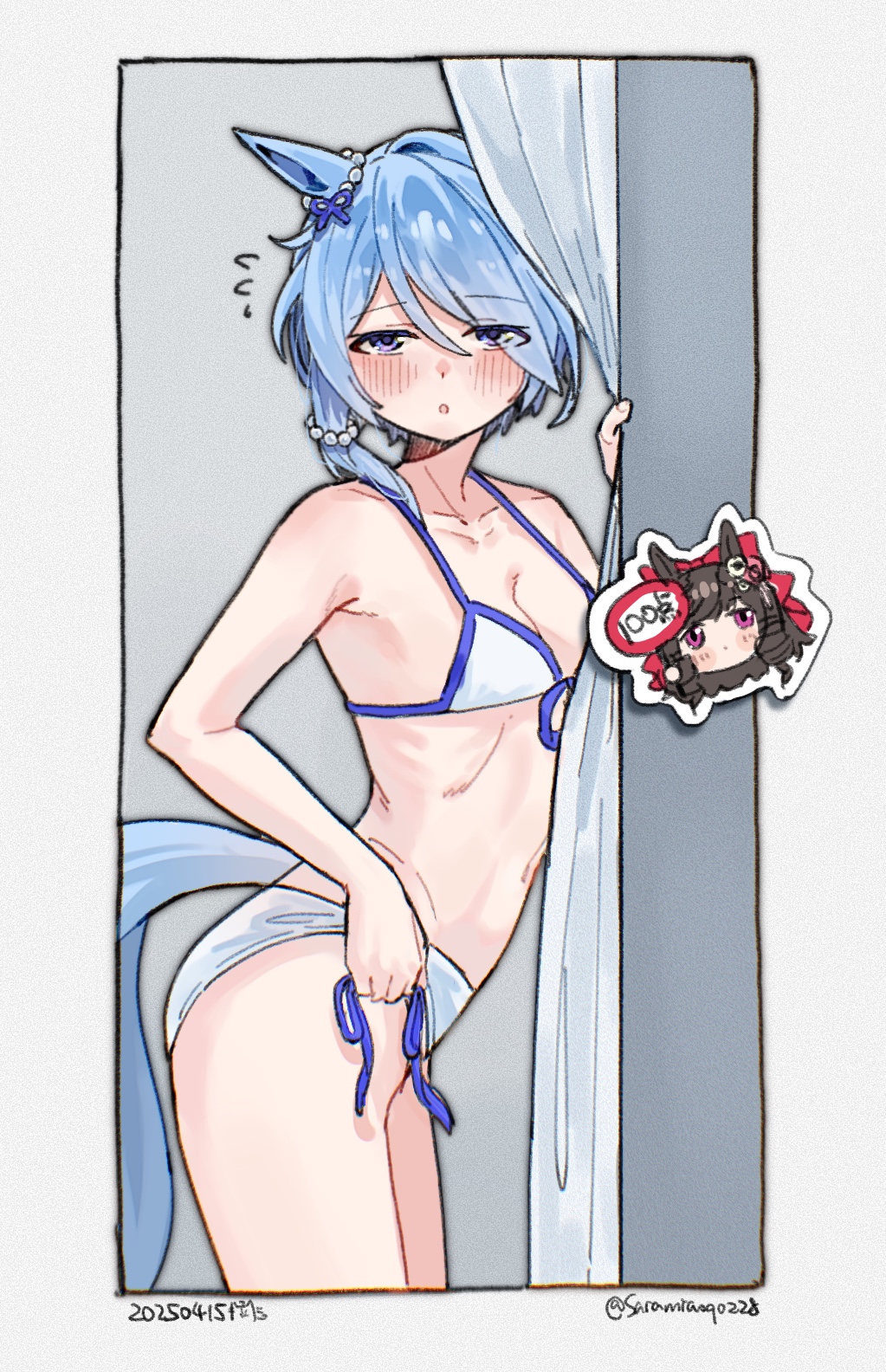 2girls :o animal_ears bare_shoulders bikini blue_bikini blue_hair blush border breasts changing_room chibi chibi_inset cowboy_shot daiichi_ruby_(umamusume) dated ear_ornament front-tie_bikini_top front-tie_top half-closed_eyes highres horse_ears horse_tail k.s.miracle_(umamusume) looking_at_viewer medium_breasts medium_hair multicolored_bikini multiple_girls navel saramiao-chan side-tie_bikini_bottom stomach swimsuit tail twitter_username two-tone_bikini umamusume white_bikini white_border