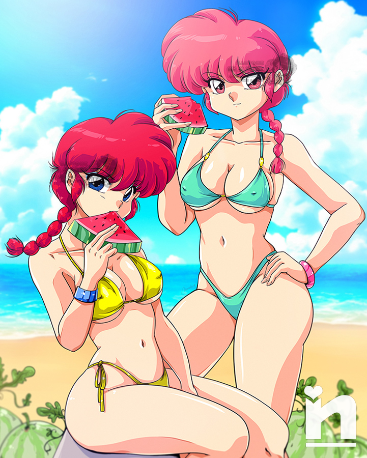 2girls alternate_universe aqua_bikini beach bikini blue_eyes blue_sky braid braided_ponytail breasts covered_erect_nipples curvy day dual_persona eating fingernails food fruit holding holding_food large_breasts leotard multiple_girls multiple_persona navel ocean outdoors pink_hair ranma-chan ranma_1/2 red_hair saotome_nanda side-tie_bikini_bottom sitting sky swimsuit thick_thighs thighs thong thong_bikini water watermelon yellow_bikini