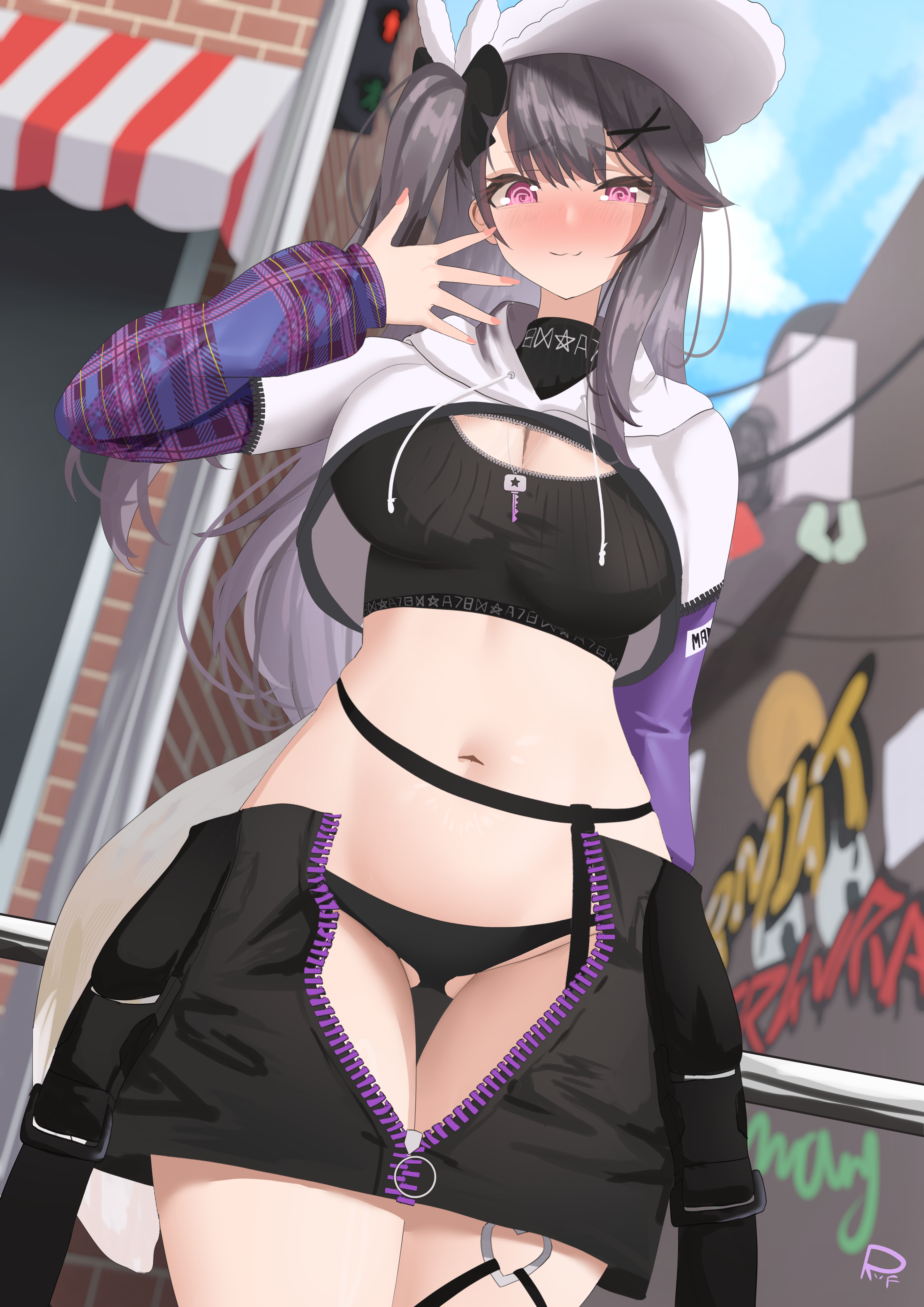 1girl :3 @_@ absurdres arm_behind_back azur_lane black_hair black_panties black_skirt black_vest breasts brown_eyes brown_hair cleavage clothes_pull commission cropped_hoodie cropped_vest day fox_tail from_below hair_between_eyes hair_ornament hairclip hand_up hat highres hip_focus hood hoodie large_breasts long_hair looking_at_viewer looking_down midriff miniskirt nervous_smile open_clothes open_skirt outdoors pamiat_merkuria_(azur_lane) pamiat_merkuria_(chic_and_cheeky)_(azur_lane) panties partially_unzipped pink_eyes pixiv_commission riflech side_ponytail skirt skirt_pull smile solo standing tail thigh_gap thighs underwear very_long_hair vest x_hair_ornament