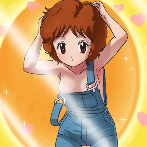 haruyama_kazunori lowres morimura_aiko naked_overalls ohayou!_spank overalls solo strap_slip