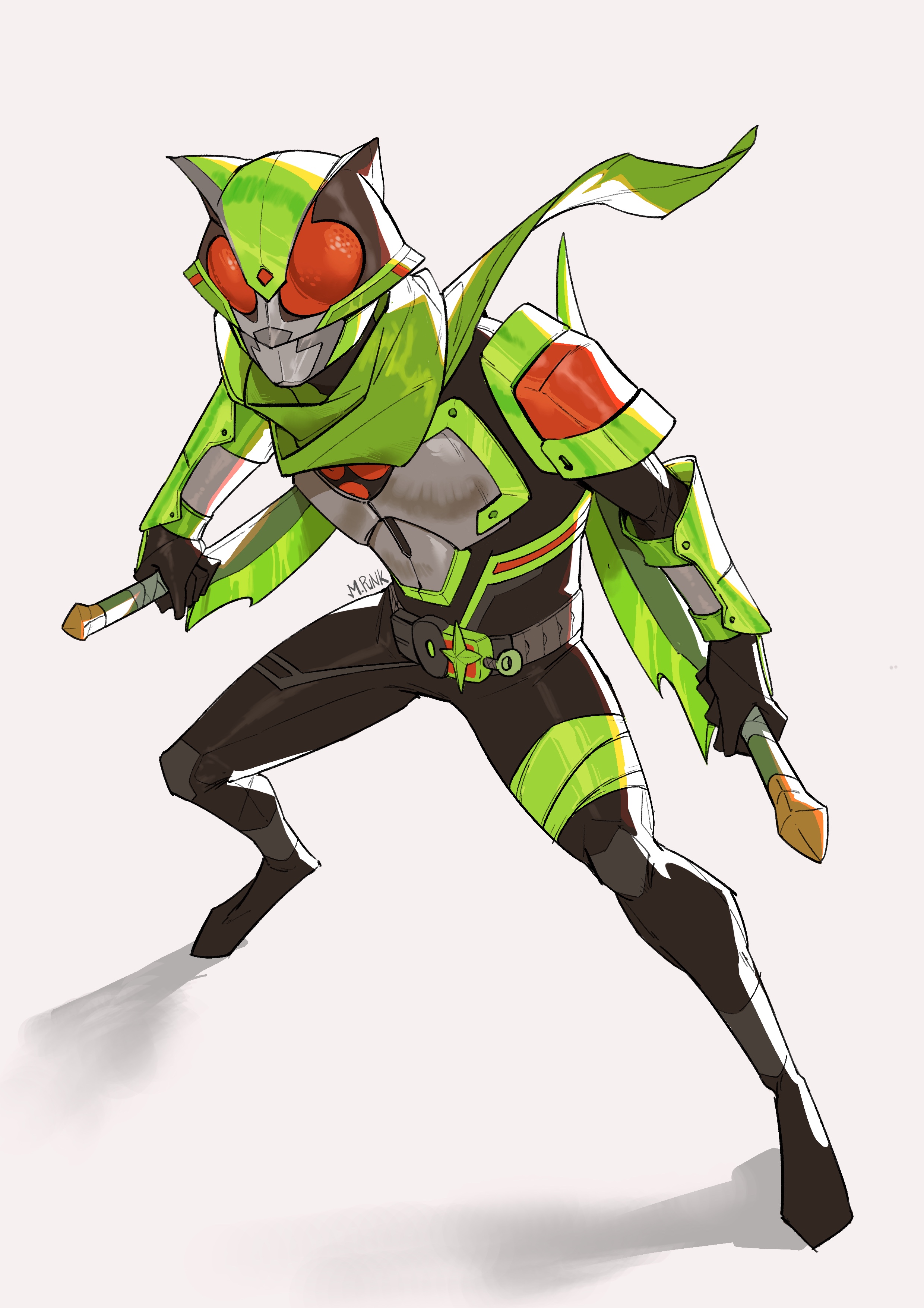 1boy absurdres animal_ears armor black_bodysuit bodysuit desire_driver rider_belt gears glowing glowing_eyes highres holding holding_sword holding_weapon id_core kamen_rider kamen_rider_geats_(series) kamen_rider_tycoon male_focus maniaxpunk ninja ninja_buckle ninja_dueler power_armor raccoon_ears raise_buckle red_eyes reverse_grip rider_belt sword tanuki tokusatsu weapon