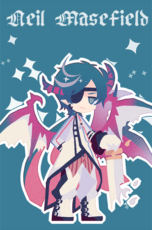 1boy aqua_background arm_behind_back blue_eyes blue_hair boots character_name chibi closed_mouth dragon_horns dragon_wings eyepatch full_body grey_hair horns jitome lieat lowres male_focus matching_hair/eyes miwasiba multicolored_hair neil_masefield official_art outline pointy_ears scales short_hair simple_background smile solo sparkle standing streaked_hair swept_bangs sword two-tone_hair uniform weapon white_boots wings