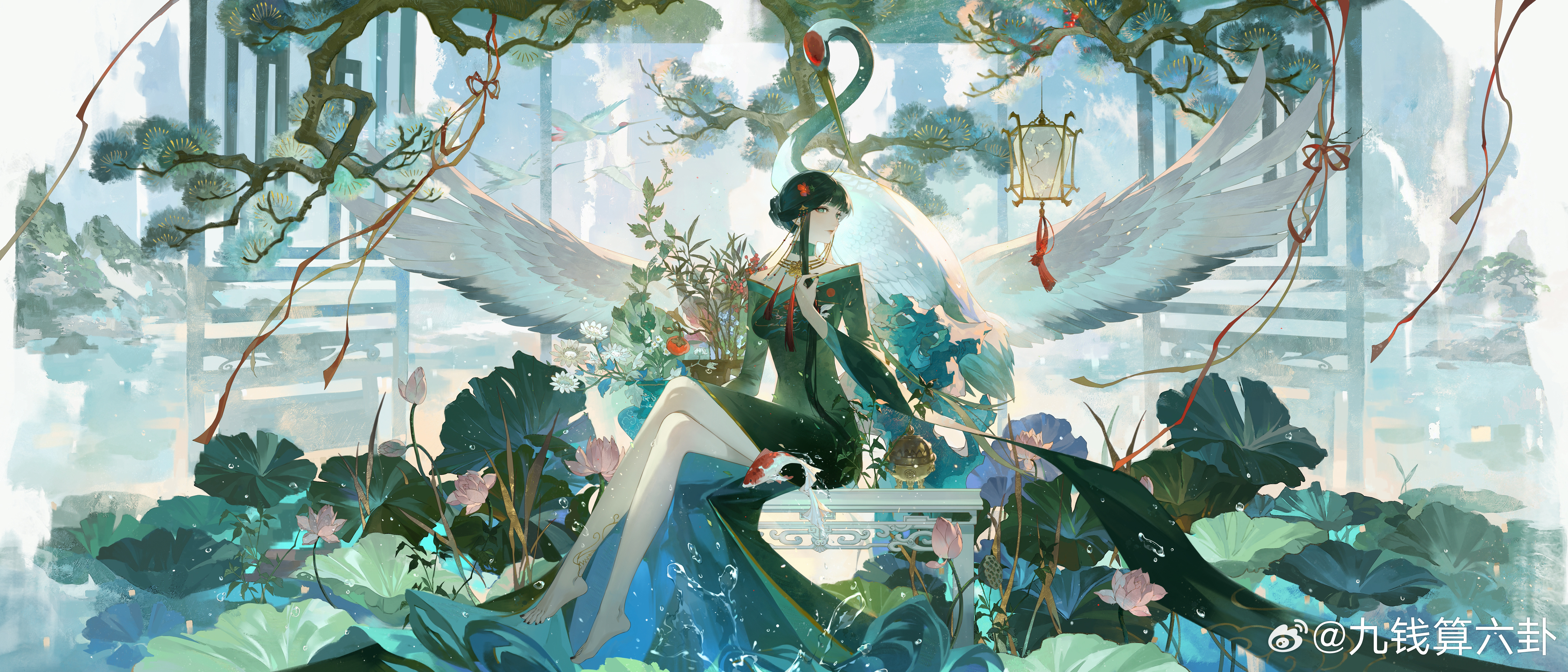 1girl absurdres barefoot bird black_hair black_nails blunt_bangs chinese_commentary choker crane_(animal) crossed_legs dress eyeshadow facing_to_the_side flower food fruit full_body green_choker green_dress green_eyes hair_bun hair_ornament hairclip hand_up highres incense_burner jewelry koi lantern lattice leaf_print leg_tattoo long_dress long_sleeves looking_at_viewer lotus lotus_leaf makeup mountain nail_polish neck_tassel necklace off-shoulder_dress off_shoulder on_bench paper_lantern persimmon pine_tree pink_flower plant potted_plant red_eyeshadow red_lips red_ribbon ribbon ribbon_choker shachang side_slit sidelocks single_hair_bun sitting solo splatter tassel tattoo toenail_polish toenails tree vase water watermark weibo_watermark white_flower wide_sleeves wuhua_mixin