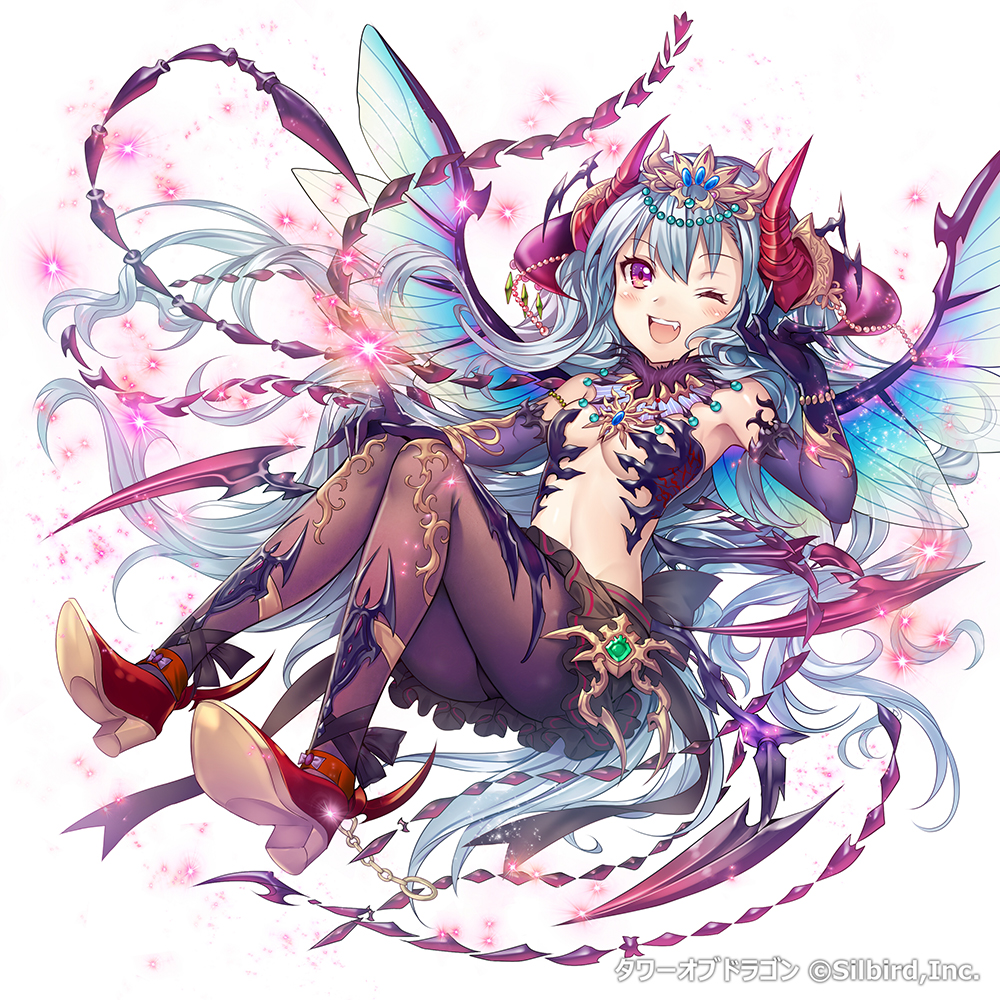 1girl armpits bare_shoulders beads black_pantyhose blue_hair blush breasts company_name demon_girl elbow_gloves eyebrows fang female_focus gloves glowing headpiece horns jewelry long_hair looking_at_viewer madogawa navel necklace official_art one_eye_closed original pantyhose pleated_skirt purple_eyes shoes simple_background skirt small_breasts solo tower_of_dragon very_long_hair white_background wings