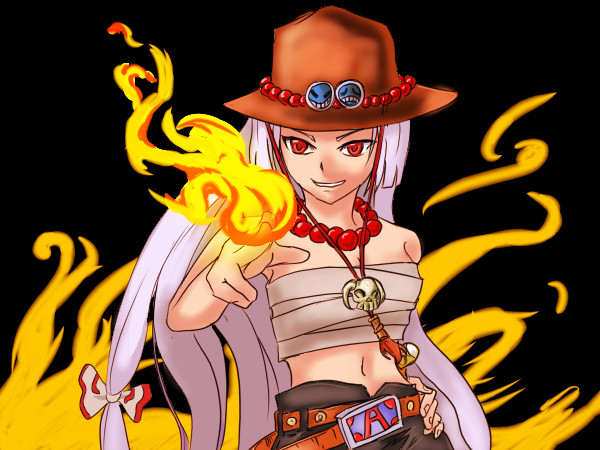 1girl amatou3 black_background cosplay female_focus fire fujiwara_no_mokou grin hand_on_own_hip hat hip_focus jewelry long_hair necklace one_piece portgas_d._ace portgas_d._ace_(cosplay) power_connection sarashi skull smile solo touhou