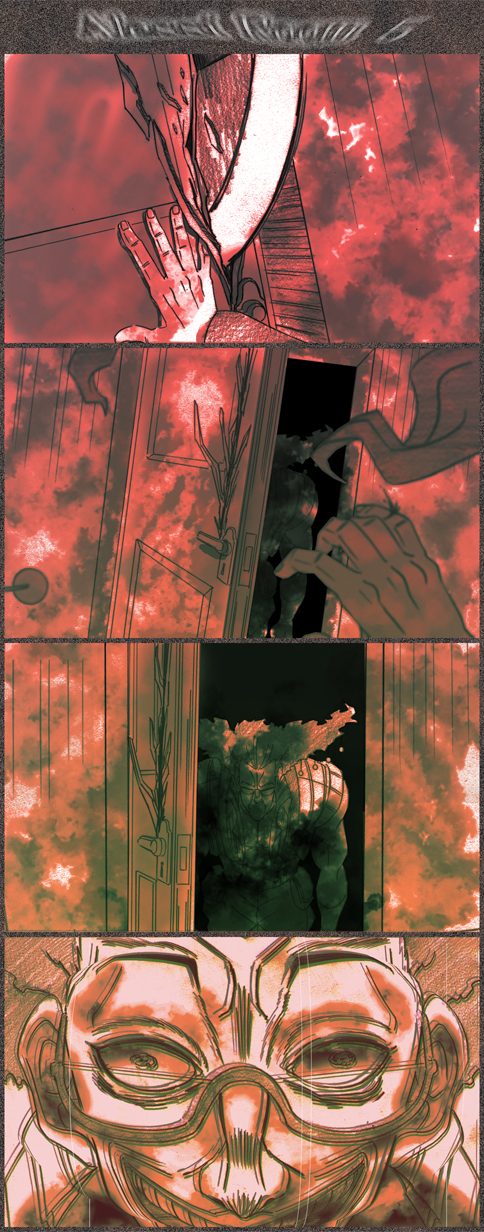 4koma alessi comic crazy_smile door doorknob glasses graphite_(medium) greyscale highres jojo_no_kimyou_na_bouken kakyoin_noriaki mixed_media monochrome motion_lines open_mouth pov red_theme semi-rimless_eyewear smile traditional_media under-rim_eyewear utano