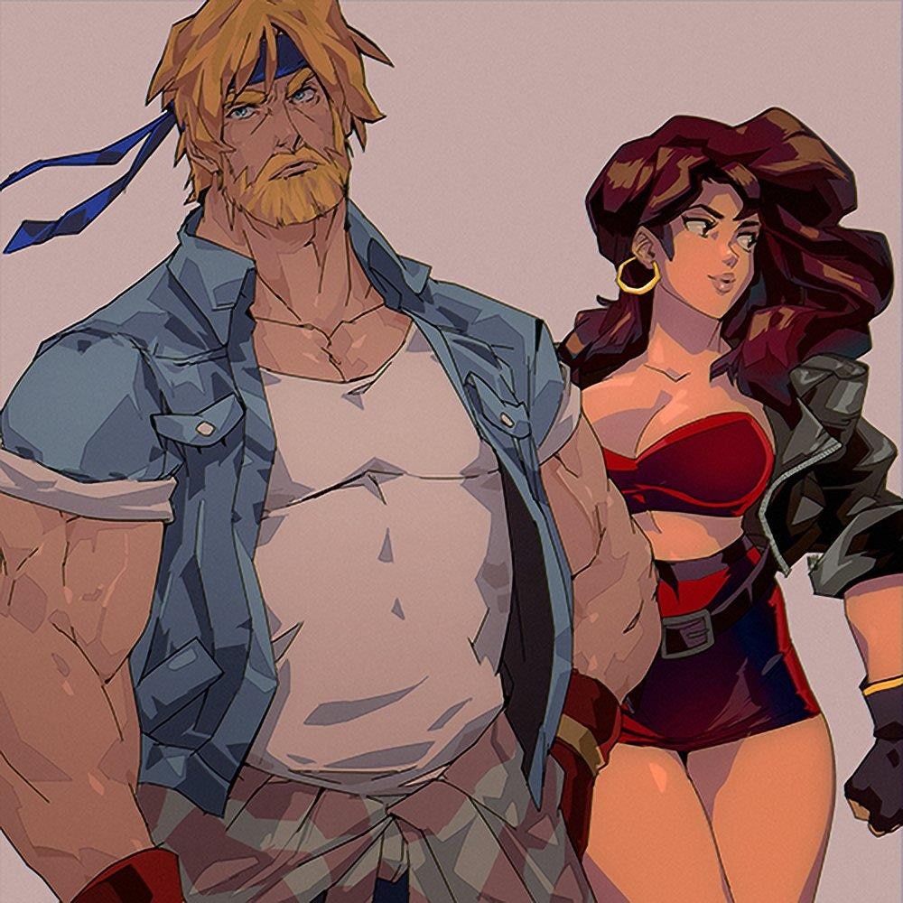 1boy 1girl axel_stone blaze_fielding breasts copyright_name david_liu earrings fire jewelry large_breasts long_hair sega streets_of_rage streets_of_rage_4