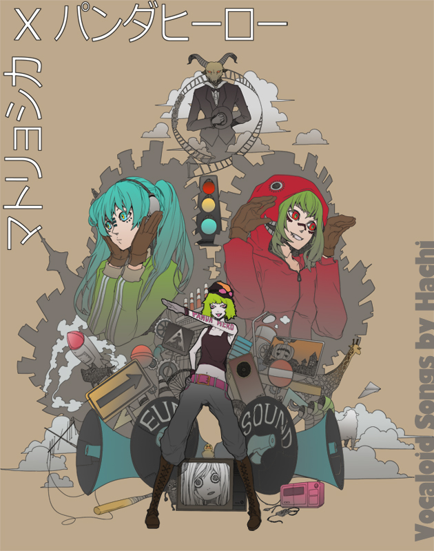 3girls ann606 aqua_hair bat_(animal) cat cloud creator_connection gloves green_hair gumi hatsune_miku matryoshka_(vocaloid) mrs.pumpkin_no_kokkei_na_yume_(vocaloid) multicolored_eyes multiple_girls musunde_hiraite_rasetsu_to_mukuro_(vocaloid) panda_hero_(vocaloid) paper_airplane pumpkin rocket television traffic_light vocaloid
