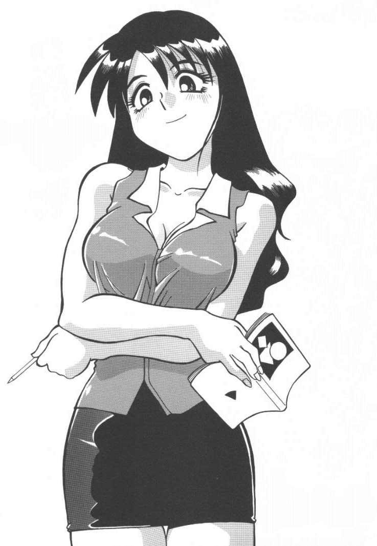 1girl azuma_kiyohiko book breasts cleavage crossed_arms large_breasts legs looking_at_viewer monochrome skirt smile solo thighs