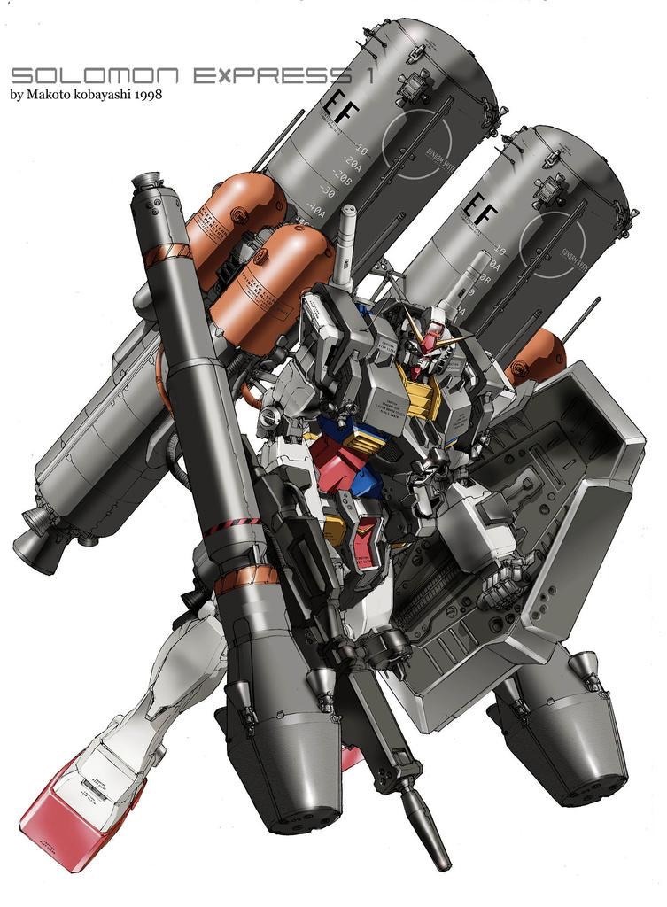 1990s_(style) 1998 artist_name beam_rifle character_name dated earth_federation energy_gun gundam holding holding_shield kobayashi_makoto_(illustrator) machinery mecha mecha_focus missile mobile_suit no_humans nuclear_weapon official_art prototype_design realistic retro_artstyle robot rocket_launcher roundel rx-78-2_gundam rx-78-2_solomon_express_g-2 scan science_fiction shield solo thrusters traditional_media v-fin weapon white_background