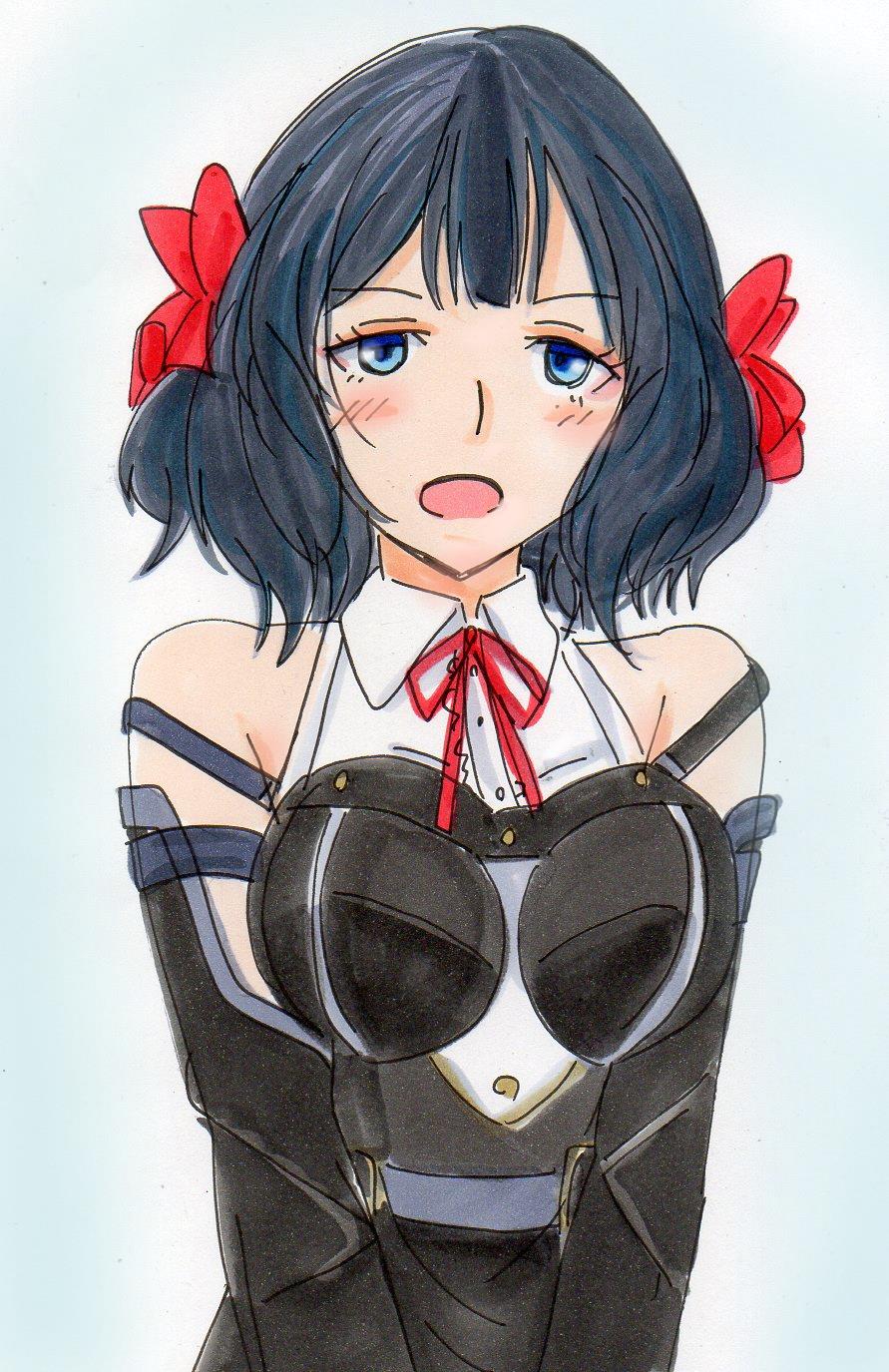 1girl :o arms_under_breasts artist_request black_hair black_romper blue_eyes blunt_bangs blush breasts brown_gloves center_frills cowboy_shot double-parted_bangs fingerless_gloves frilled_shirt frills gloves highres looking_at_viewer medium_hair nageki_no_bourei_wa_intaishitai neck_ribbon open_mouth parted_hair red_ribbon ribbon shirt simple_background skirt sleeveless sleeveless_shirt solo strap_slip tino_shade traditional_media
