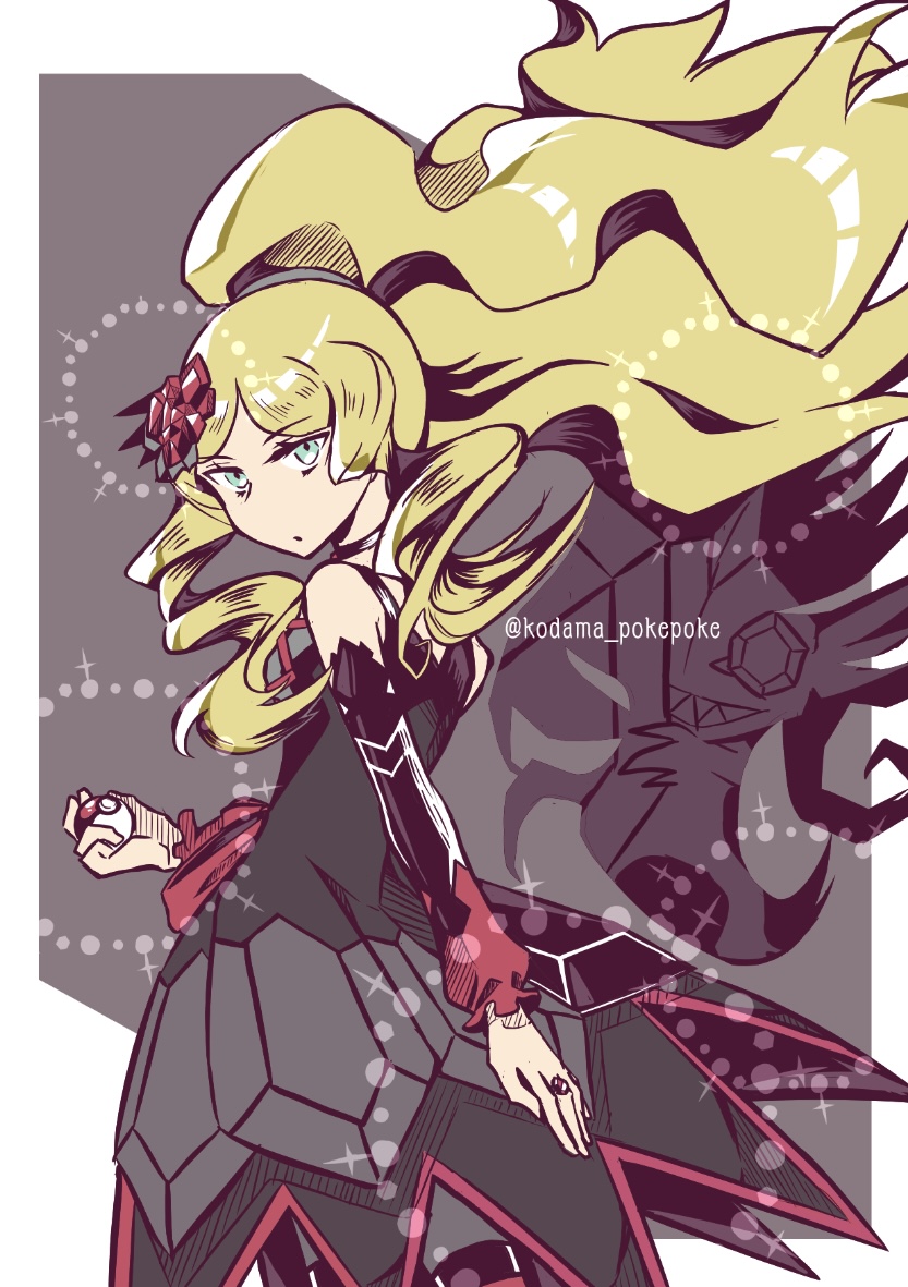 1girl black_dress blonde_hair caitlin_(fall_2021)_(pokemon) caitlin_(pokemon) closed_mouth detached_sleeves dress floating_hair from_side gem gem_hair_ornament gen_3_pokemon hair_ornament high_ponytail holding holding_poke_ball jewelry kodama_pokepoke long_hair long_sleeves looking_at_viewer mega_pokemon mega_sableye nintendo official_alternate_costume official_alternate_hairstyle poke_ball poke_ball_(basic) pokemon pokemon_(creature) pokemon_masters_ex ponytail ring sableye twitter_username very_long_hair
