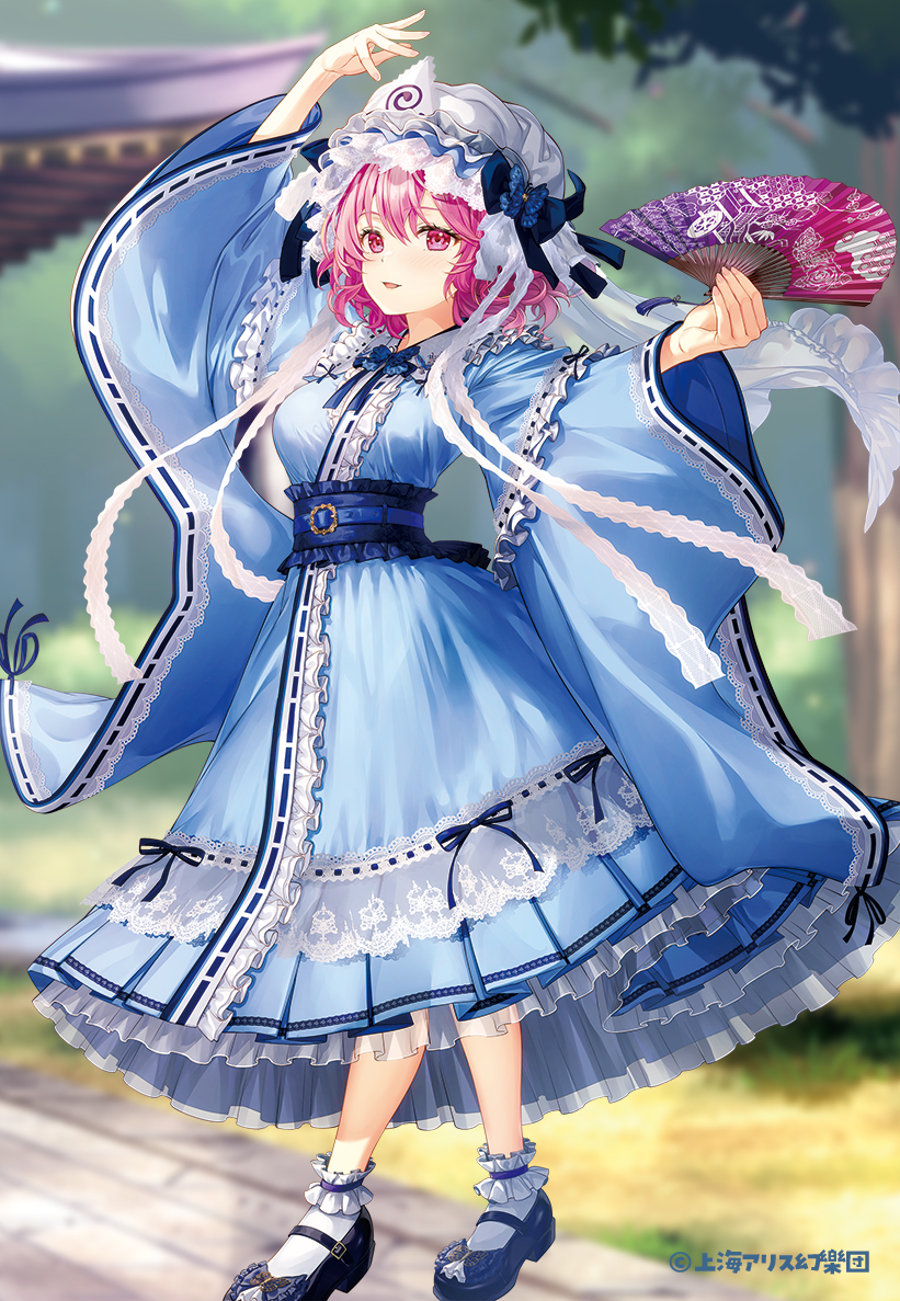 1girl arm_up blue_dress blue_shoes blurry blurry_background dress fujima_takuya full_body hand_fan hand_up holding holding_fan long_sleeves looking_at_viewer mary_janes medium_hair official_art parted_lips pink_hair saigyouji_yuyuko shoes smile socks standing touhou white_socks wide_sleeves