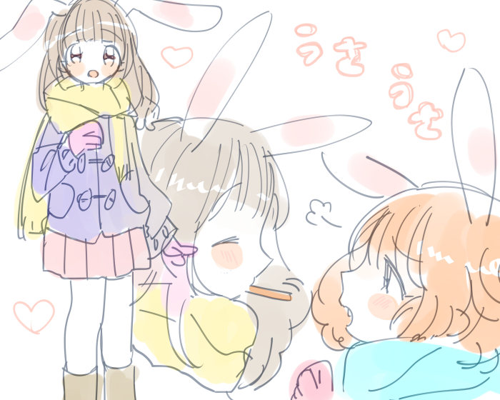 2girls animal_ears bemani black_hair blunt_bangs blush brown_footwear brown_hair carrot_slice coat kemonomimi_mode mittens multiple_girls no_nose open_mouth pink_mittens pleated_skirt pop&#039;n_music purple_coat rabbit_ears rie-chan sanae-chan scarf sgwyi skirt translation_request yellow_scarf yuri