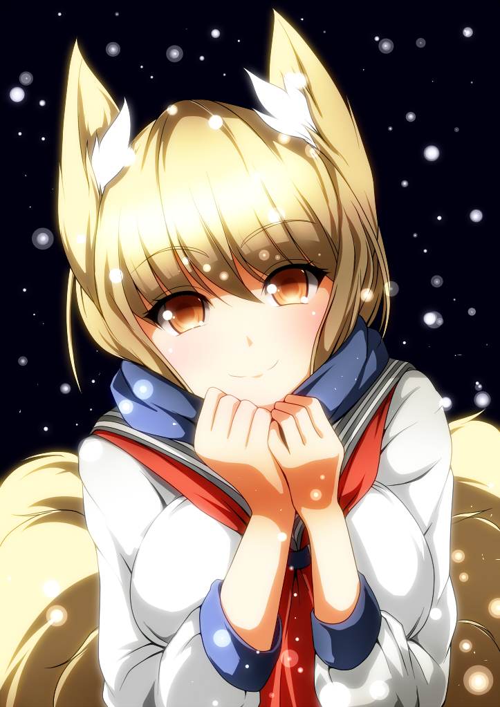 1girl alternate_costume animal_ears blonde_hair blush female_focus fox_ears fox_tail long_sleeves looking_at_viewer merry_(diameri) multiple_tails orange_eyes sailor_collar scarf school_uniform short_hair smile snowing solo tail touhou upper_body yakumo_ran