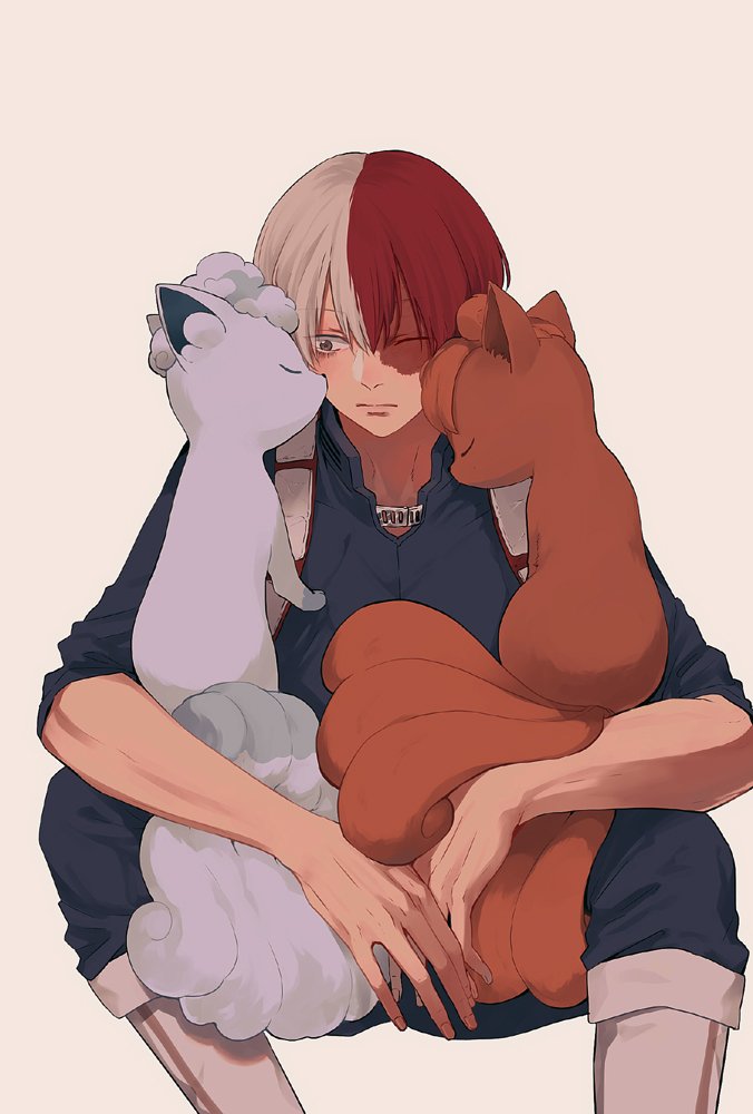 1boy alolan_form alolan_vulpix blue_jumpsuit boku_no_hero_academia boots brown_eyes burn_scar closed_eyes collared_jumpsuit commentary_request crossover double-parted_bangs feet_out_of_frame gen_1_pokemon gen_7_pokemon jumpsuit kurosujuu looking_at_another male_focus multicolored_hair multiple_tails nintendo on_lap one_eye_closed open_collar orange_fur pokemon pokemon_(creature) red_hair scar scar_on_face sitting sleeves_rolled_up split-color_hair superhero_costume tail todoroki_shoto vulpix white_fur white_hair