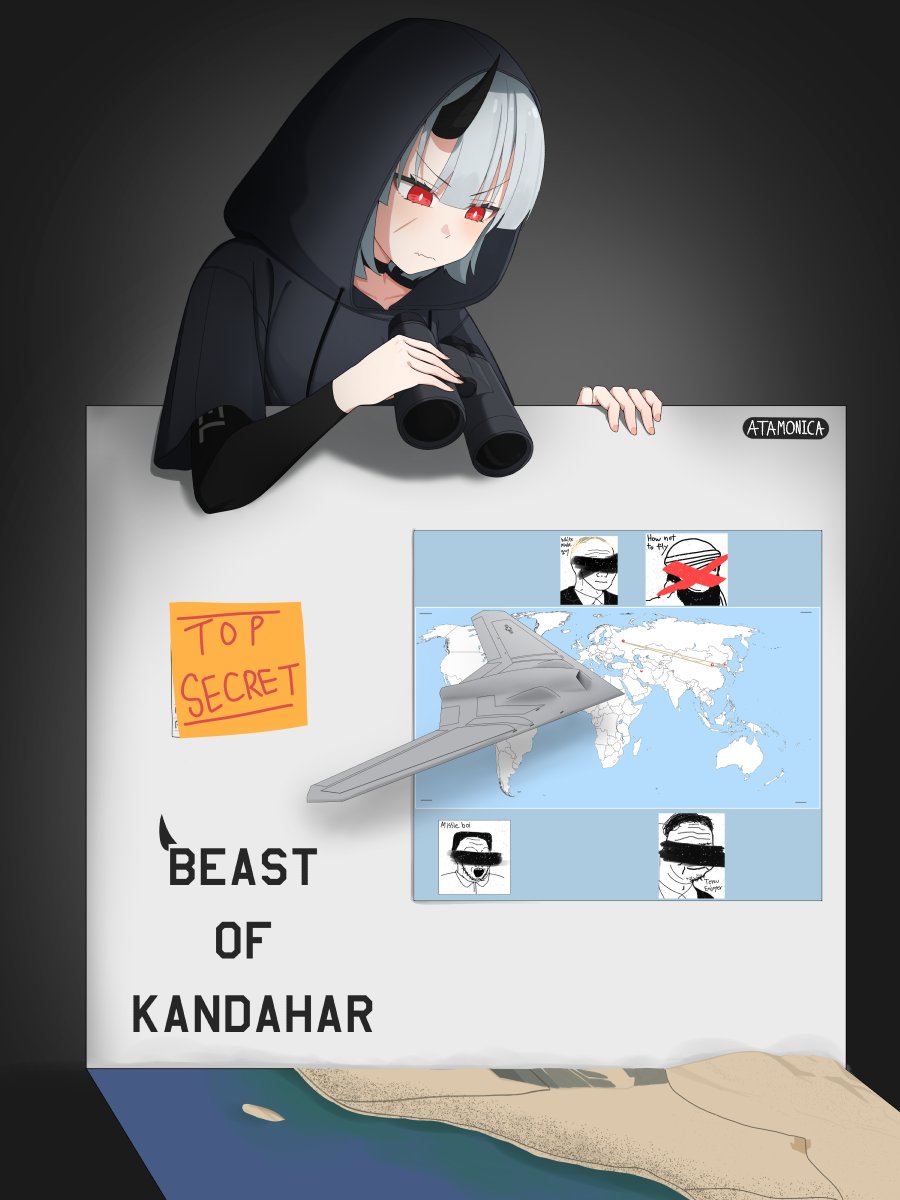 1girl aircraft airplane artist_name atamonica binoculars black_choker black_hoodie black_shirt character_request check_character choker closed_mouth english_text frown grey_hair highres holding holding_binoculars hood hood_up hoodie horns kim_jong-un long_sleeves map map_(object) original osama_bin_laden personification real_life red_eyes rq-170_sentinel scar scar_on_face shirt short_sleeves single_horn solo soyjak soyjak_(meme) unmanned_aerial_vehicle unmanned_aerial_vehicle v-shaped_eyebrows vehicle_and_personification vladimir_putin wojak world_map xi_jinping