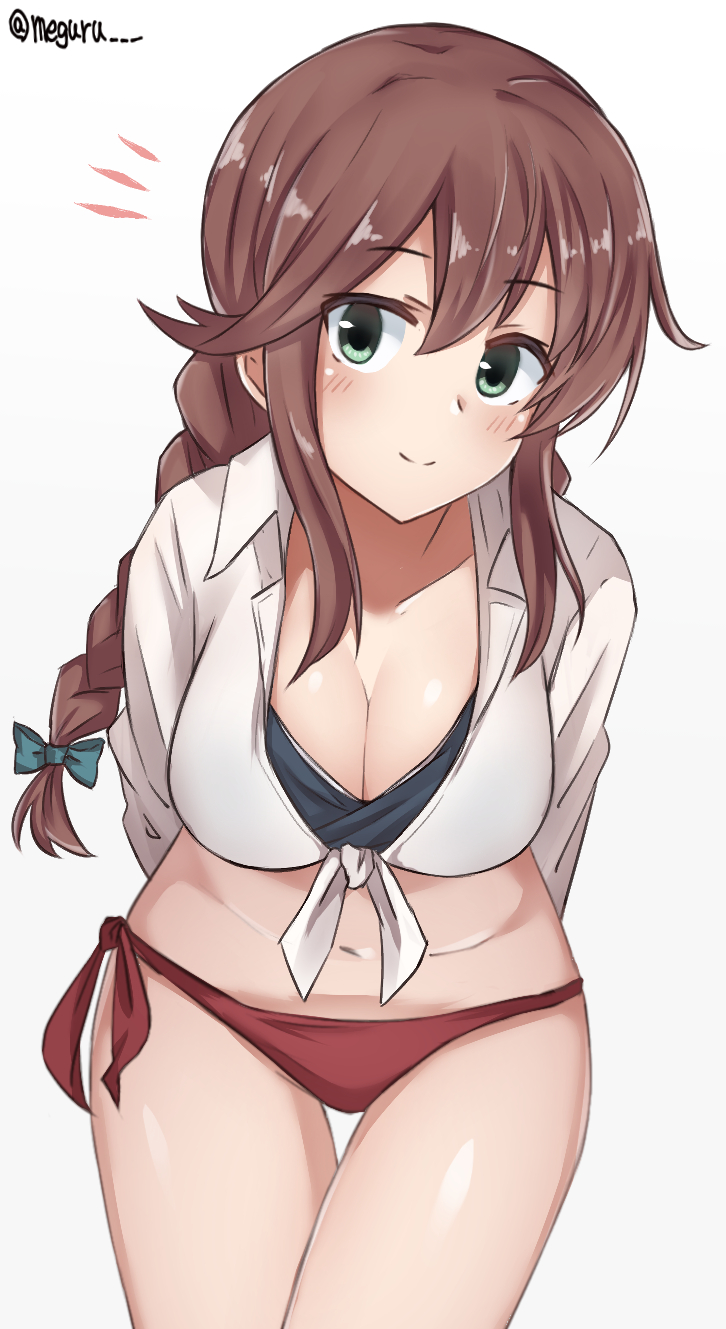 1girl bad_id bad_twitter_id bikini bikini_under_clothes black_bikini blush braid breasts brown_hair cleavage collarbone female_focus green_eyes highres kantai_collection large_breasts leaning_forward looking_at_viewer meguru_(megurunn) mismatched_bikini navel noshiro_(kancolle) noshiro_(swimsuit)_(kancolle) red_bikini shirt sidelocks simple_background smile solo swept_bangs swimsuit tied_shirt twin_braids twitter_username upper_body white_background white_shirt