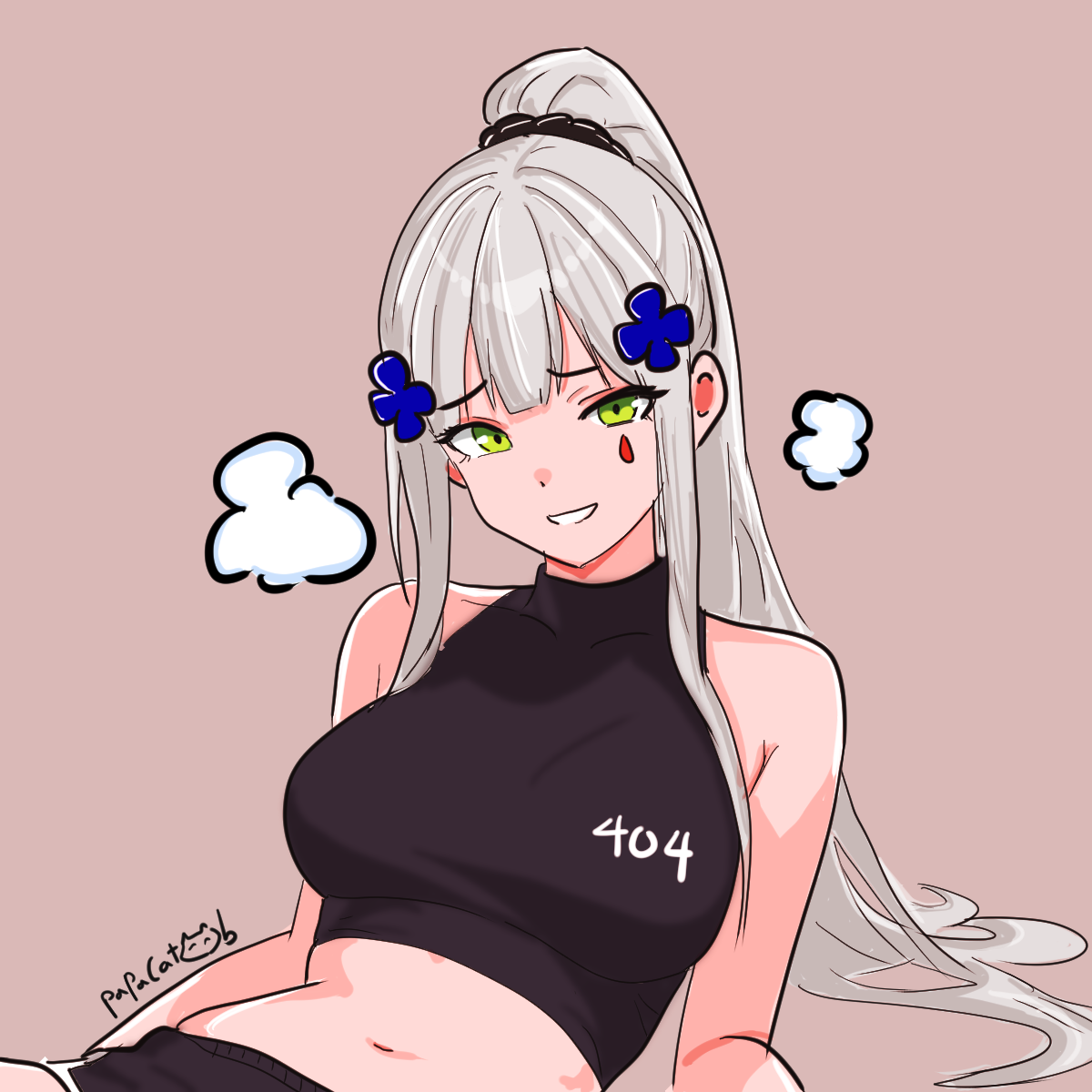 1girl 404 bare_shoulders black_shorts breasts commentary crop_top cross english_commentary facepaint girls'_frontline girls'_frontline_2:_exilium green_eyes grin hair_ornament hairclip highres hk416_(girls'_frontline) http_status_code iron_cross klukai_(girls'_frontline_2) leaning_forward long_hair lying medium_breasts navel on_back papacat ponytail shirt short_shorts shorts sleeveless sleeveless_shirt smile solo teardrop upper_body very_long_hair white_hair