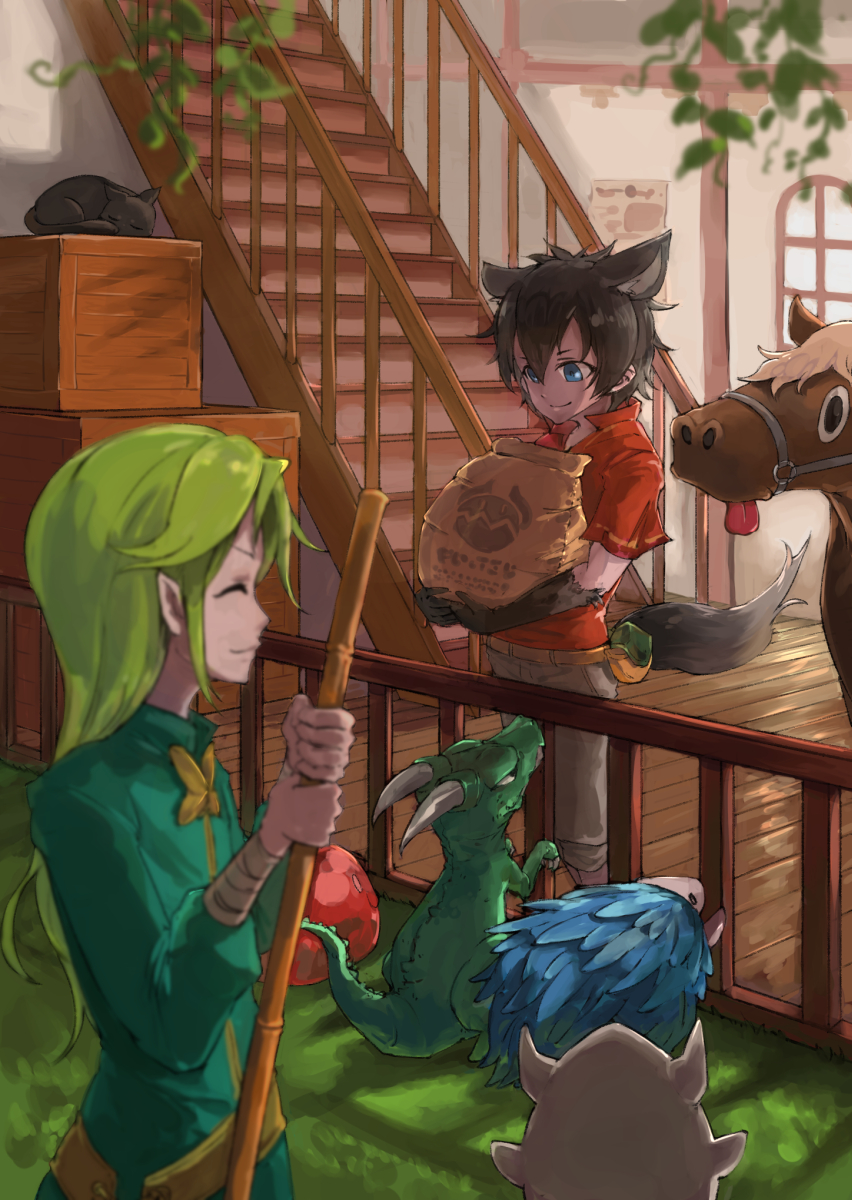 1boy 1girl animal_ears bag begging black_gloves black_hair blue_eyes blurry_foreground box broom check_copyright chocotto_land copyright_request dragon dress closed_eyes fence gloves grass green_dress green_hair grey_pants highres holding holding_broom horse ico6 indoors long_sleeves pants pointy_ears pouch red_shirt shirt slime_(creature) stairs standing tail tongue tongue_out window wooden_floor