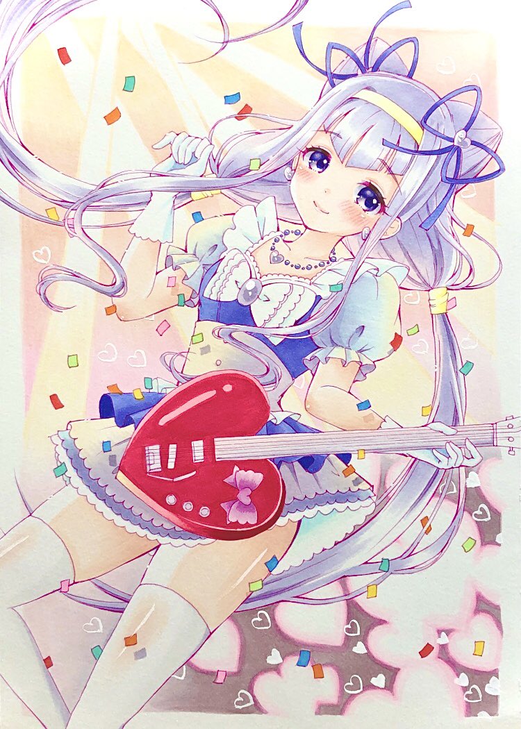 1girl arm_up blush bow closed_mouth commentary_request cone_hair_bun confetti dress earrings gloves guitar hair_bun hairband heart holding holding_guitar holding_instrument hugtto!_precure instrument jewelry lilylily0601 long_hair looking_at_viewer low_twintails magical_girl marker_(medium) precure purple_bow purple_eyes purple_hair ruru_amour smile solo thighhighs traditional_media twintails white_thighhighs