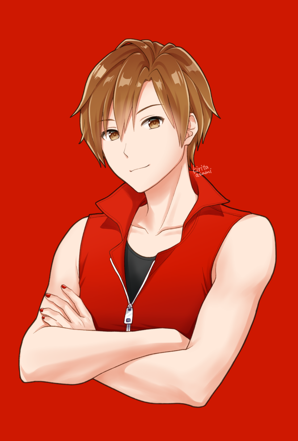 1boy artist_name black_shirt brown_eyes brown_hair commentary cropped_torso crossed_arms gender_request genderswap highres jacket kirita_asami looking_at_viewer male_focus meito_(vocaloid) nail_polish red_background red_jacket red_nails red_theme shirt smile upper_body vocaloid zipper
