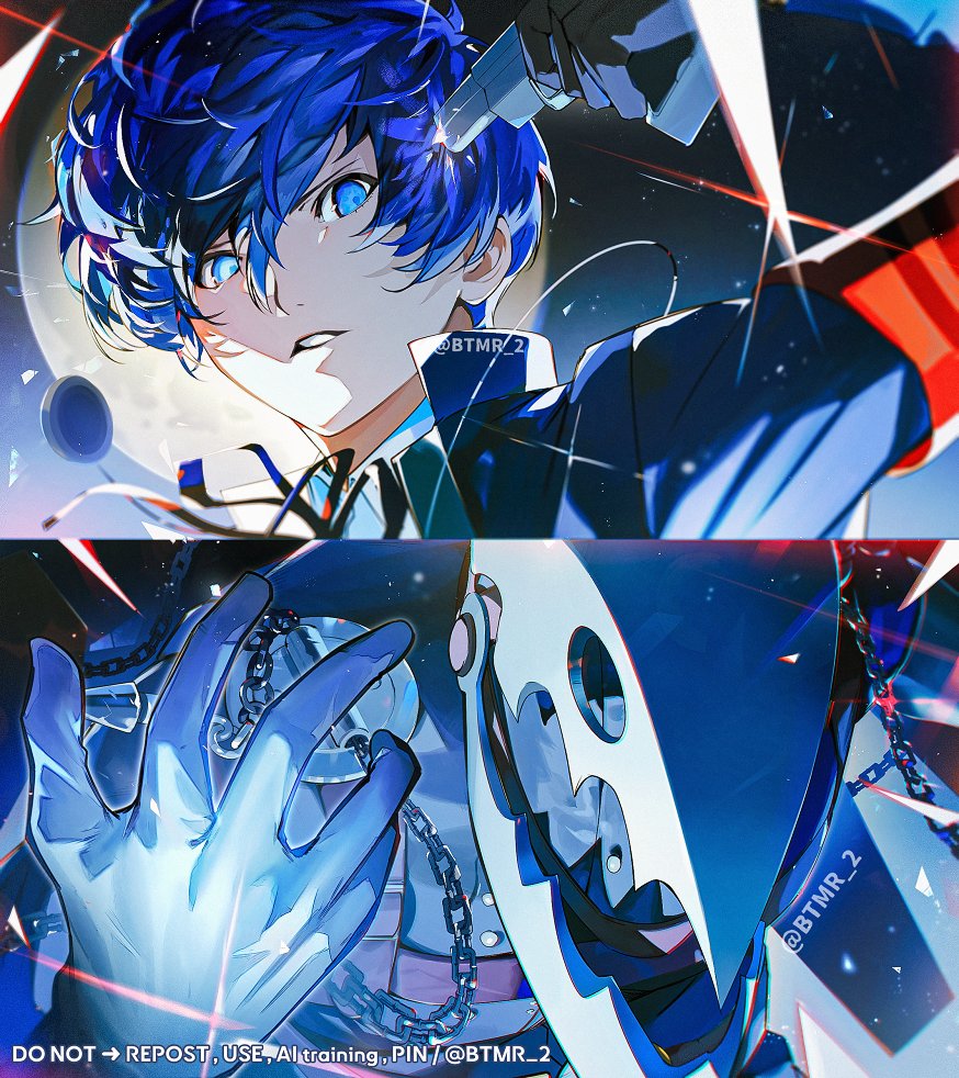1boy armband black_gloves black_jacket black_ribbon blue_eyes blue_hair btmr_game chain collared_shirt commentary evoker full_moon gekkoukan_high_school_uniform gloves gun gun_to_head hair_between_eyes handgun holding holding_gun holding_weapon jacket long_sleeves male_focus moon neck_ribbon parted_lips persona persona_3 persona_3_reload red_armband ribbon school_uniform shirt symbol-only_commentary thanatos_(persona) twitter_username upper_body weapon white_shirt yuuki_makoto_(persona_3)