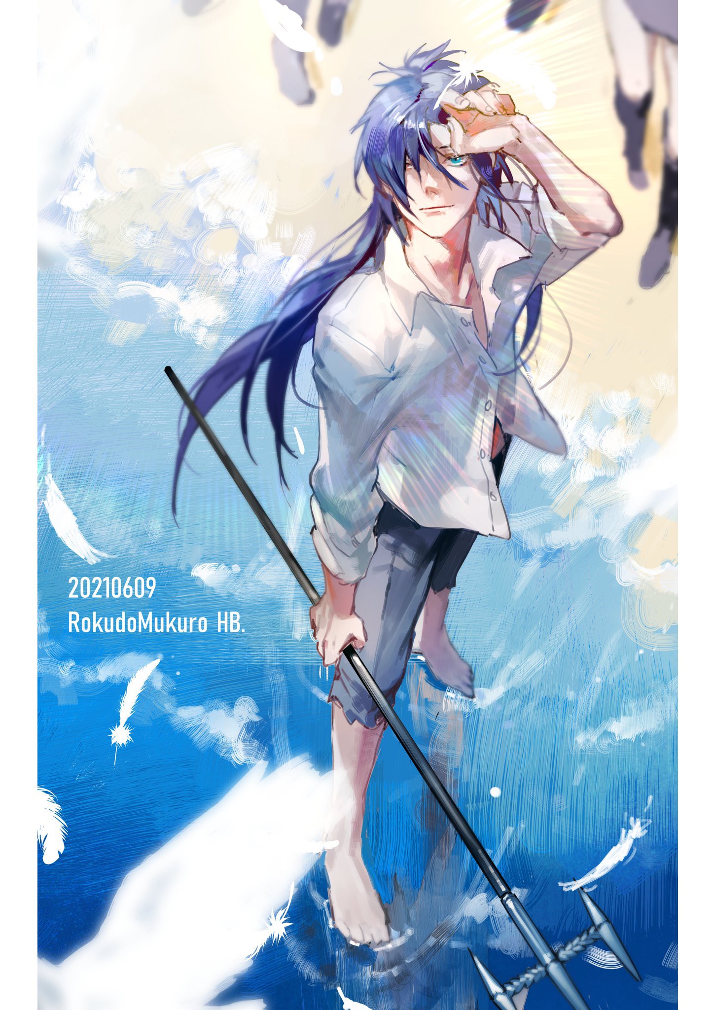1boy barefoot bird blue_eyes blue_hair bokyo character_name dated feathers from_above hair_over_one_eye happy_birthday highres holding katekyo_hitman_reborn! long_hair male_focus multiple_boys polearm rokudou_mukuro shirt shorts solo solo_focus spear wading water weapon white_shirt
