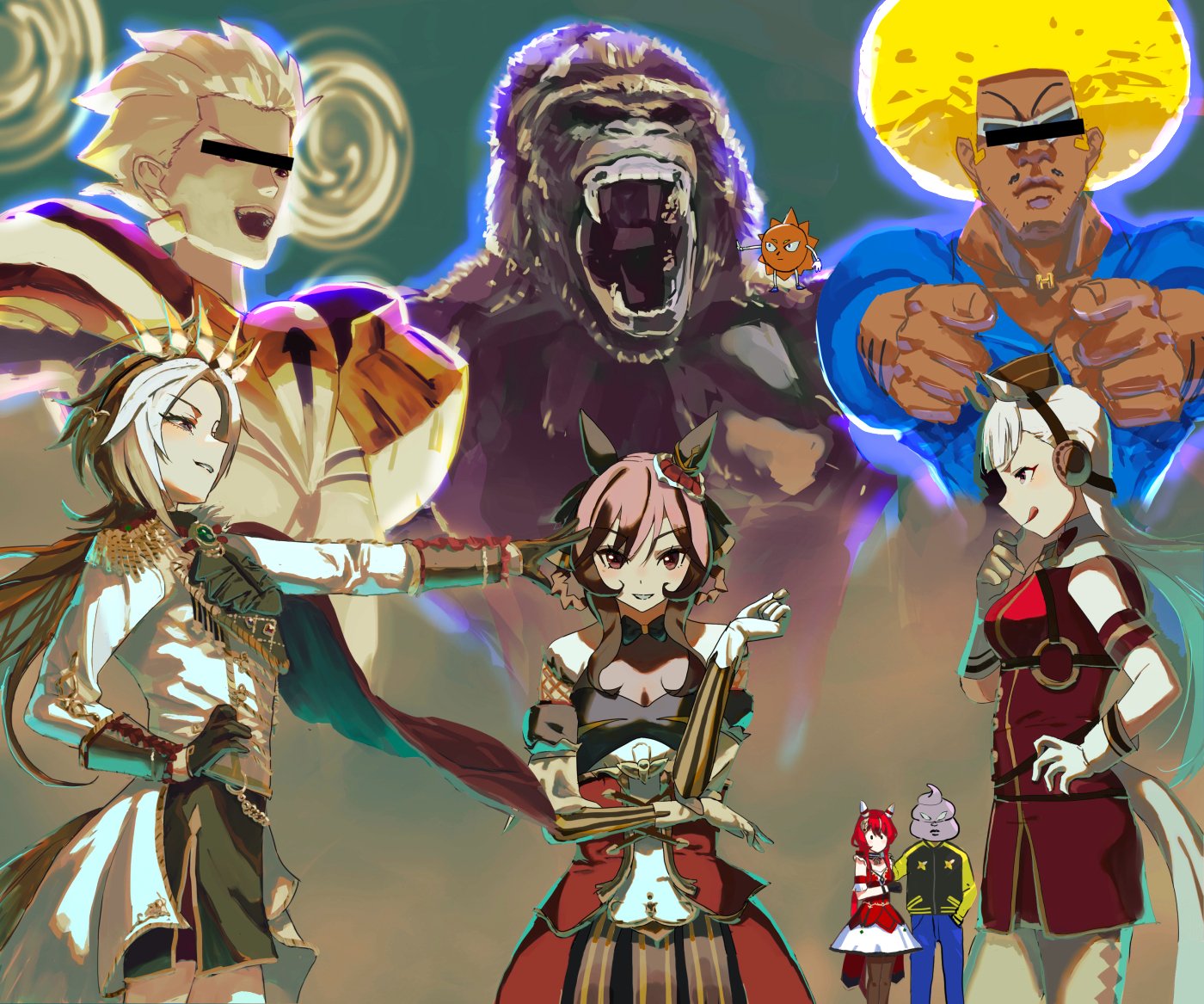 4girls afro animal_ears argyle_clothes argyle_pantyhose armband armor bar_censor black_gloves blonde_hair blue_pants blutgang_(fire_emblem) bobobo-bo_bo-bobo bobobo-bo_bo-bobo_(character) braid braided_hair_rings brown_hat censored censored_identity commentary_request dark-skinned_male dark_skin don_patch dress ear_covers earrings epaulettes gate_of_babylon_(fate) gentildonna_(umamusume) gilgamesh_(fate) gloves gold_armor gold_ship_(umamusume) gold_trim gorilla hair_rings hand_on_own_hip hands_in_pockets hat headgear horse_ears horse_girl horse_tail jacket jewelry king_kong king_kong_(series) medium_hair monochrome multiple_girls no_mouth no_uwazumi orange_hair orfevre_(umamusume) pants pantyhose pillbox_hat plate_armor pointing pointing_at_viewer red_armband red_dress red_hair see-through_clothes sleeveless sleeveless_dress softon_(bobobo-bo_bo-bobo) sunglasses tail track_jacket umamusume white_gloves white_hair white_pantyhose win_variation_(umamusume)