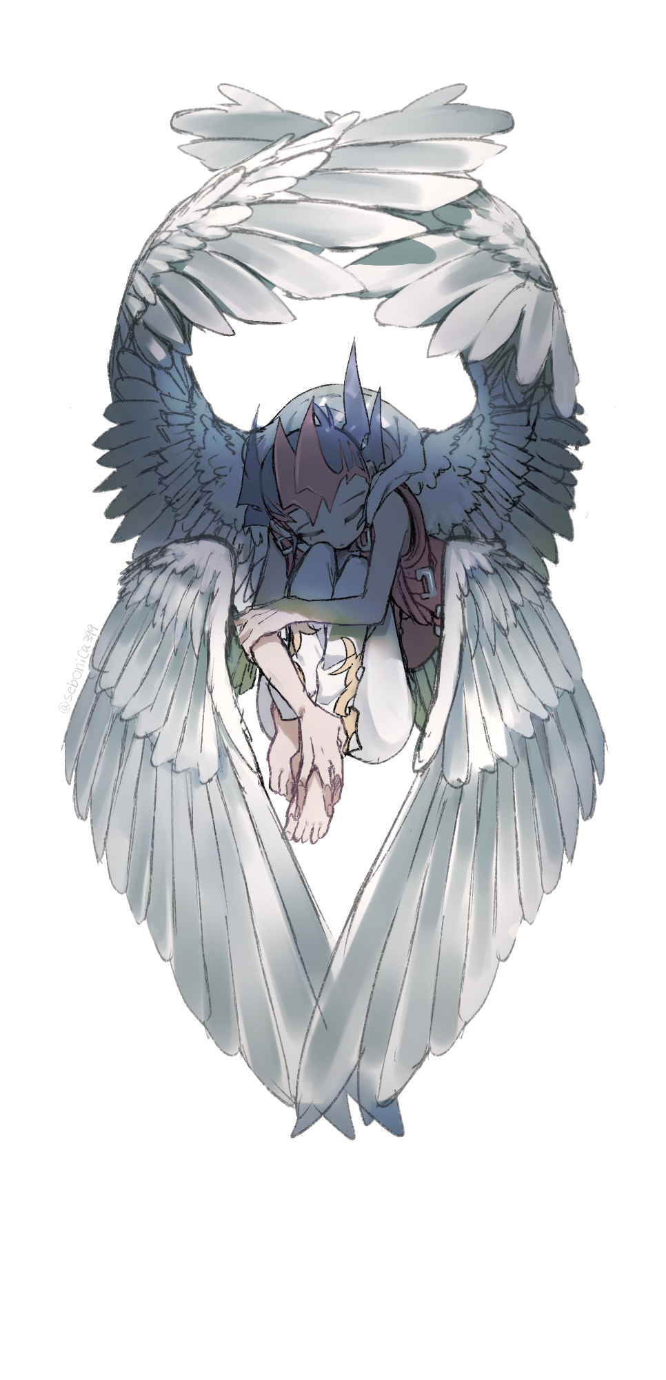 1boy angel_wings bare_shoulders barefoot black_hair blue_shirt closed_eyes colored_bangs commentary dappled_sunlight colored_bangs face_in_shadow facing_to_the_side facing_viewer feathered_wings hand_on_own_arm hand_on_own_foot highres holding_own_arm hood hooded_vest hoodie huddle hugging_own_legs in_shadow invisible_chair knees_up leaning_forward light_particles male_focus on_ground open_clothes open_vest pants red_vest seboniruca shirt signature sitting sitting_in_shadow sleeveless sleeveless_shirt spiked_hair spread_wings sunlight tsukumo_yuma vest white_hood white_pants white_wings wings yellow_trim yu-gi-oh! yu-gi-oh!_zexal