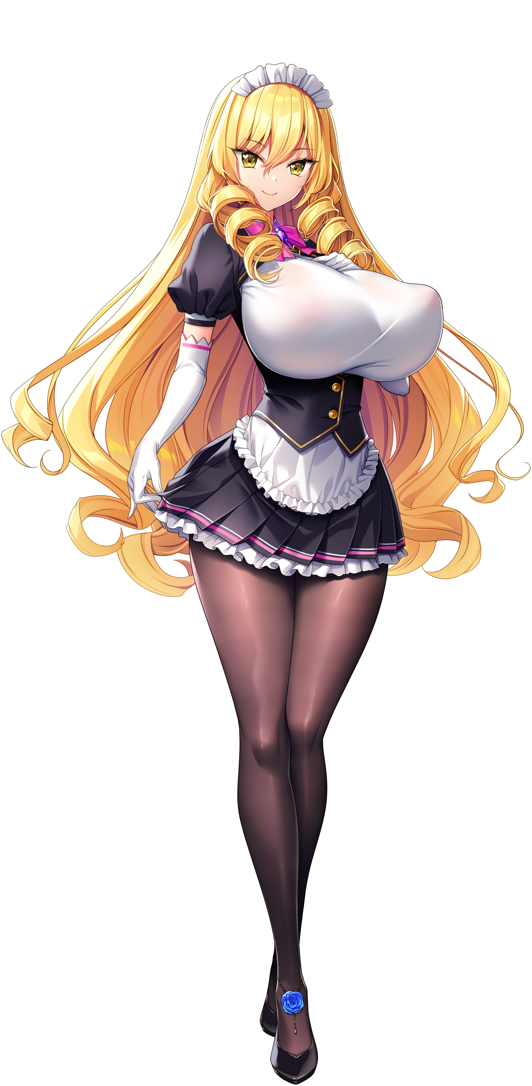 1girl absurdres akagi_rio apron black_gloves black_pantyhose blonde_hair bow bowtie breasts closed_mouth clothes_lift collar_jewel covered_erect_nipples drill_hair drill_sidelocks elbow_gloves femme_de_menage_maid_academy_uniform flower footwear_flower frilled_apron frills full_body game_cg gem gloves hand_on_own_chest heart heart_in_eye highres huge_breasts long_hair looking_at_viewer maid maid_apron maid_headdress makina_le_blanchette milk_factory motto!_haramase!_honoo_no_oppai_isekai_oppai_maid_gakuen! non-web_source official_art pantyhose pink_bow pink_bowtie purple_brooch purple_gemstone sidelocks skirt skirt_lift smile solo sprite standing symbol_in_eye tachi-e transparent_background waist_apron wavy_hair yellow_eyes