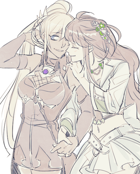 2girls bare_shoulders dark-skinned_female dark_skin diva_(mabinogi) earan_(mabinogi) hands_on_another&#039;s_shoulders happy holding_hands long_hair mabinogi multiple_girls rian_(bdl) simple_background sleeveless