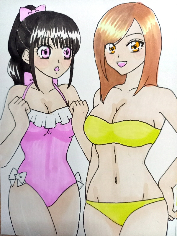 2girls ahim_de_famille bikini black_hair blush bow breasts brown_hair cleavage collarbone frilled_bikini frills hair_bow hand_on_own_hip kaizoku_sentai_gokaiger kwai_chi large_breasts long_hair looking_at_viewer luka_millfy medium_breasts multiple_girls navel one-piece_swimsuit open_mouth orange_eyes pink_eyes pink_one-piece_swimsuit ponytail short_hair smile super_sentai swimsuit yellow_bikini