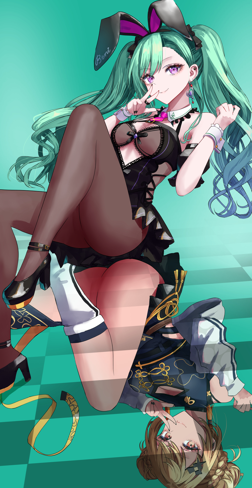 animal_ears ass ass-to-ass bare_shoulders belt black_belt black_bow black_dress black_footwear black_nails blue_dress bow bra braid braided_bun breasts brown_belt brown_bra brown_pantyhose character_name checkered_floor chest_belt china_dress chinese_clothes cleavage cleavage_cutout clothing_cutout convenient_censoring cross-laced_clothes cross-laced_dress cross-laced_slit detached_sleeves different_reflection dress ear_piercing earrings fake_animal_ears fang french_braid green_background green_hair gyaru hair_behind_ear hair_bow hair_bun hair_ornament heart heart_earrings high_heels highres jacket jewelry kaminari_qpi kaminari_qpi_(4th_costume) lace lace-trimmed_dress lace_trim lightning_bolt lightning_bolt_hair_ornament lightning_bolt_symbol long_hair long_sleeves looking_at_viewer medium_breasts necktie no_panties open_clothes open_jacket orange_eyes pantyhose piercing pink_necktie pleated_dress puffy_short_sleeves puffy_sleeves purple_eyes rabbit_ears reflection ring shoes short_necktie short_sleeves side_cutout sitting skin_fang smile socks swept_bangs tassel tassel_earrings twintails underwear v very_long_hair virtual_youtuber vspo! w white_jacket white_socks wrist_cuffs yakumo_beni yakumo_beni_(2nd_costume) yusuke_(shiota)