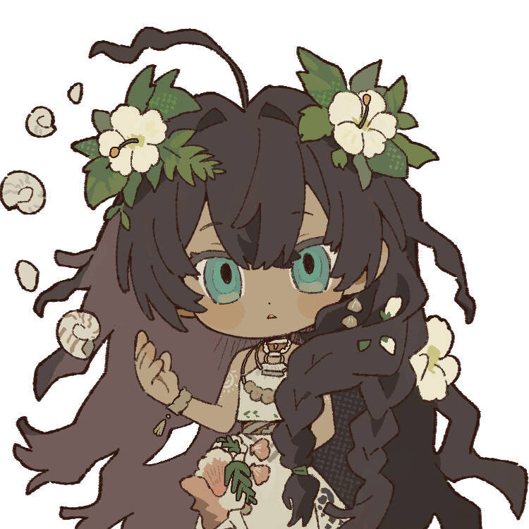 1girl ahoge arm_behind_back blue_eyes brown_hair chibi dark-skinned_female dark_skin fatutu flower hair_flower hair_ornament halter_shirt halterneck hand_up hibiscus jewelry leaf_hair_ornament long_hair looking_at_viewer necklace official_art parted_lips reverse:1999 shell shell_necklace shirt shoulder_tattoo skirt sleeveless sleeveless_shirt snail_shell solo tattoo upper_body white_background white_flower white_shirt white_skirt