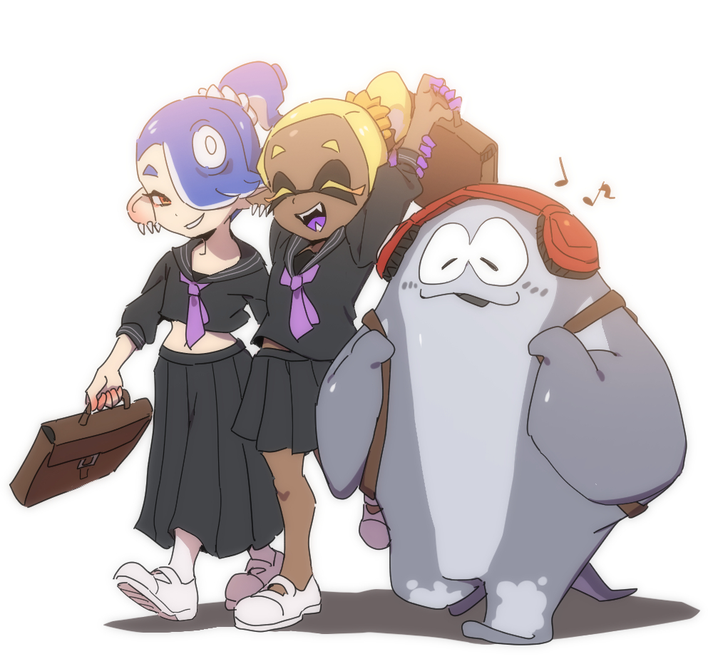1boy 2girls backpack bag big_man_(splatoon) big_man_(young)_(splatoon) blonde_hair blue_hair commentary crop_top cropped_shirt dark-skinned_female dark_skin dede_(qwea_00000) fangs frye_(splatoon) frye_(young)_(splatoon) full_body headphones inkling manta_ray midriff multiple_girls nintendo octoling open_mouth red_eyes sailor_collar shiver_(splatoon) shiver_(young)_(splatoon) smile splatoon_(series) splatoon_3 symbol-only_commentary tentacle_hair white_footwear