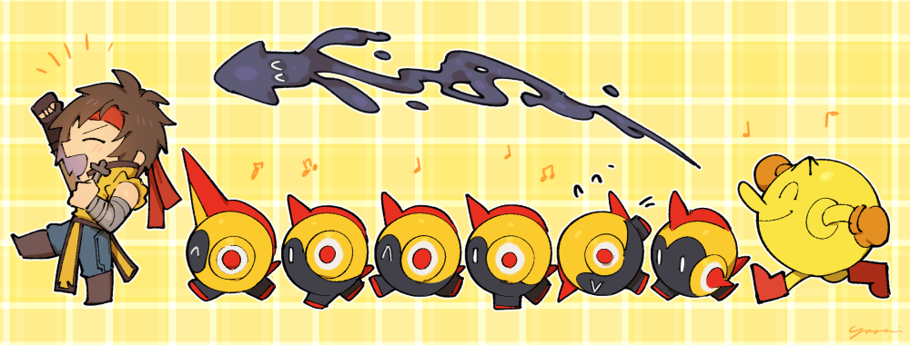 1boy arm_up black_gloves brown_footwear brown_hair castlevania_(series) chibi chibi_only closed_eyes creatures_(company) cross falinks game_freak gen_8_pokemon gloves grid_background holding holding_cross inkling inkling_(squid) inkling_player_character male_focus mittens musical_note nintendo open_mouth orange_mittens pac-man pac-man_(game) pokemon pokemon_(creature) red_footwear richter_belmont single_glove splatoon_(series) super_smash_bros. walking yasaikakiage yellow_background
