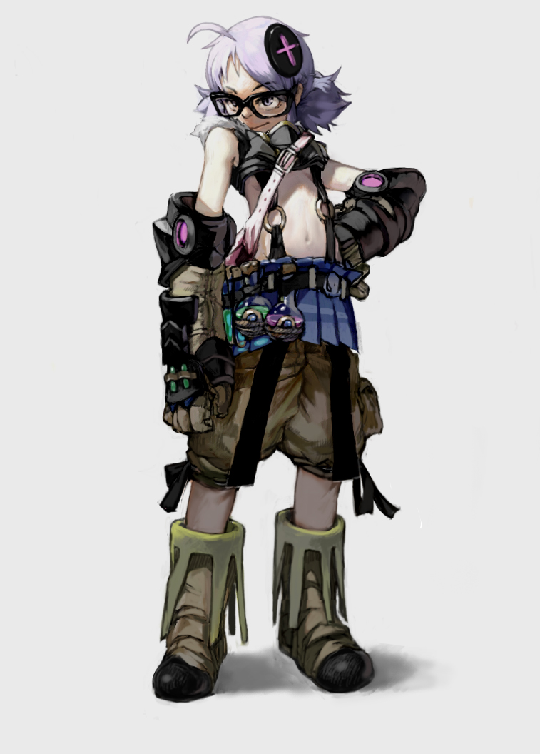 1girl ahoge bag bare_shoulders belt boots breasts elbow_gloves glasses gloves hand_on_own_hip ixion_saga navel potion purple_eyes purple_hair shorts small_breasts suspenders takeyuki15 underboob