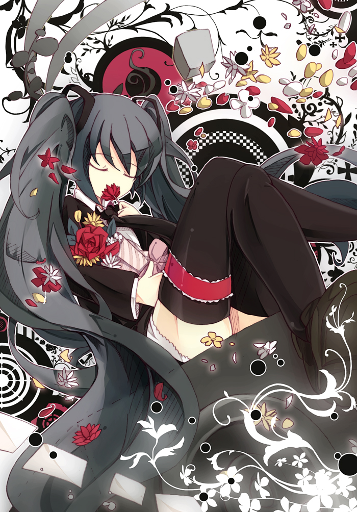 1girl bad_id bad_pixiv_id bondson closed_eyes female_focus flower hatsune_miku hatsune_miku_(saihate) long_hair petals saihate_(vocaloid) solo thighhighs twintails very_long_hair vocaloid