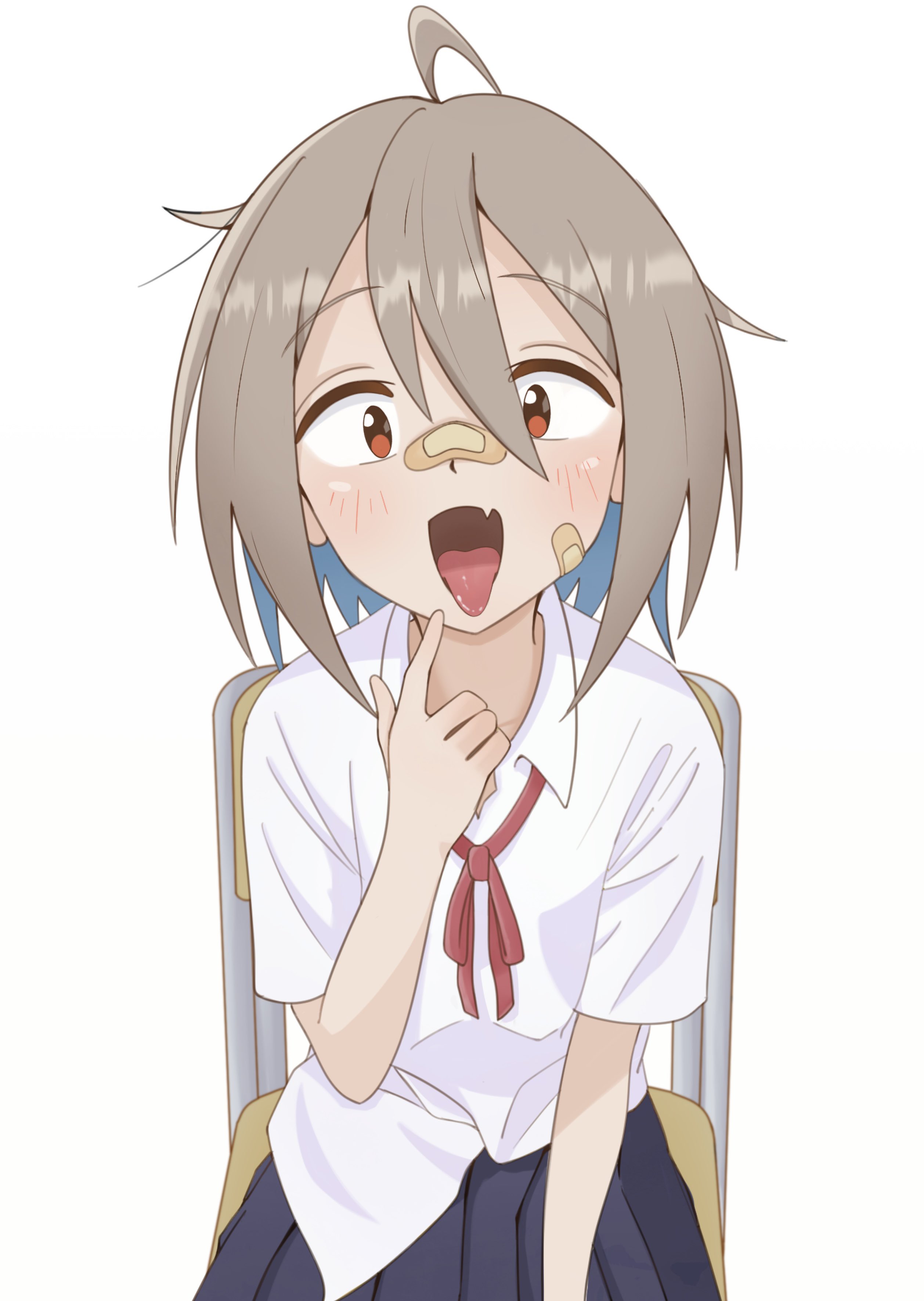 1girl absurdres ahoge bandaid bandaid_on_cheek bandaid_on_face bandaid_on_nose blue_hair blue_skirt chair collared_shirt colored_inner_hair commentary_request do_it_yourself!! fang grey_hair hair_between_eyes highres looking_at_viewer medium_hair mnantoka multicolored_hair open_mouth pleated_skirt red_eyes shirt shirt_partially_tucked_in simple_background skin_fang skirt solo tongue tongue_out white_background white_shirt yua_serufu