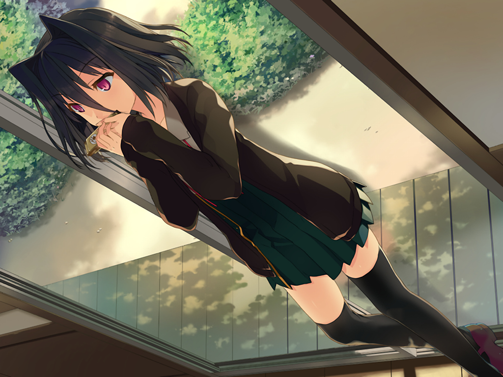 10s 1girl akinashi_yuu black_hair black_thighhighs door dutch_angle female_focus game_cg hair_intakes harmonica instrument koi_to_senkyo_to_chocolate morishita_michiru pink_eyes pleated_skirt school_uniform shoes short_hair skirt solo thighhighs third-party_source