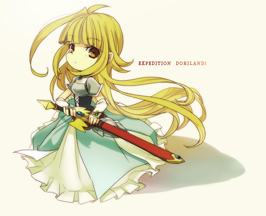 1girl ahoge armor armored_dress blonde_hair blunt_bangs bridal_gauntlets brown_eyes dress fighting_stance frilled_dress frills full_body holding holding_sword holding_weapon long_dress long_hair looking_at_viewer mikoto_(tanken_driland) noritamako ready_to_draw simple_background solo sword tanken_driland very_long_hair weapon