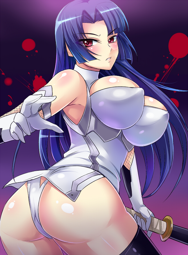00s 1girl ass axe bare_shoulders barefoot battle_axe black_background blue_hair bouncing_breasts breasts covered_erect_nipples curvy dress elbow_gloves female_focus gloves gradient_background hime_cut holding huge_ass huge_breasts katana long_hair looking_at_viewer looking_back nishida_megane no_bra panties pelvic_curtain purple_background red_eyes shiny_skin short_dress solo standing sword taimanin_(series) taimanin_asagi taimanin_murasaki taut_clothes thong underwear weapon white_background white_panties yatsu_murasaki