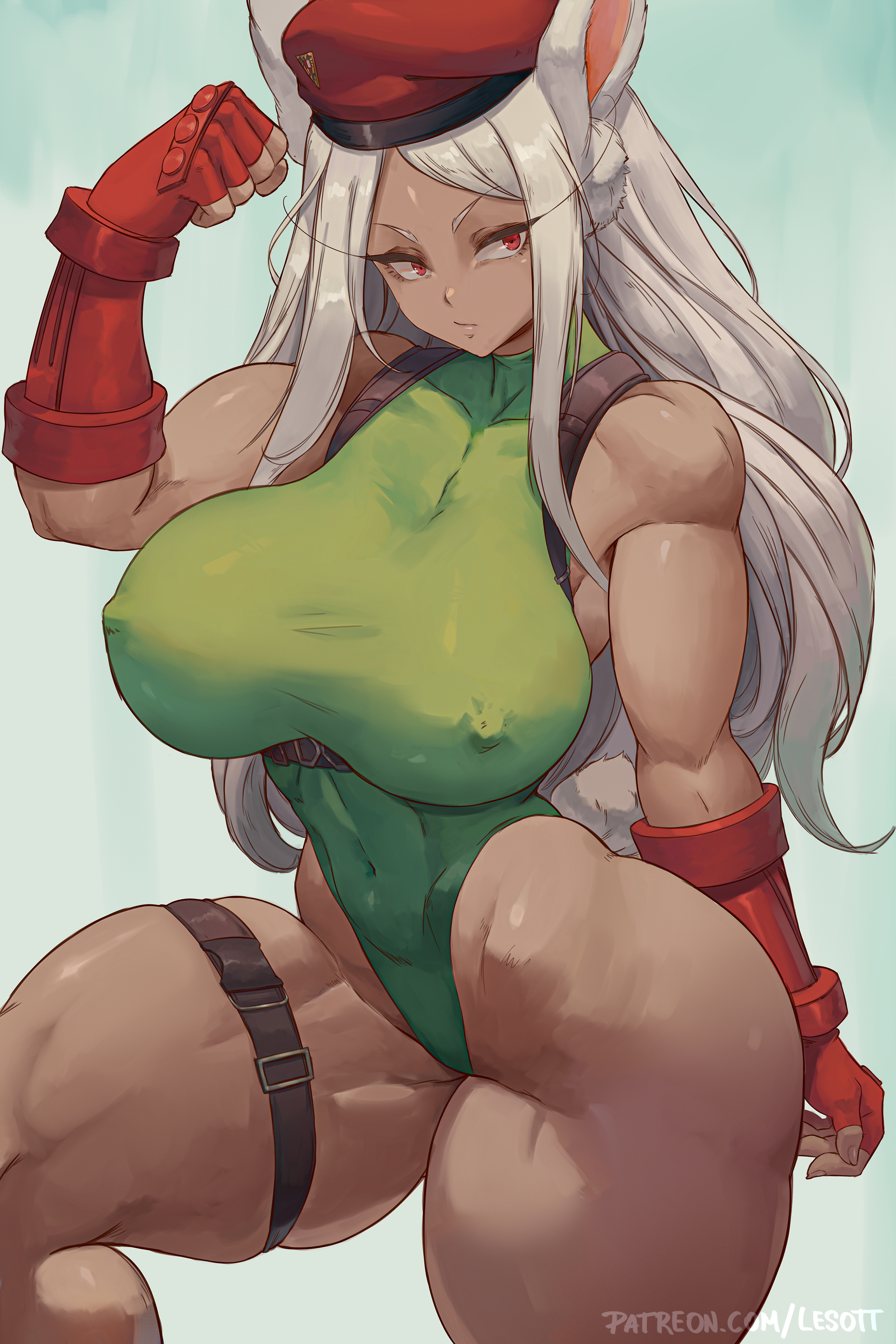 1girl absurdres alterlesott animal_ears aqua_background beret boku_no_hero_academia breasts cammy_white cammy_white_(cosplay) clenched_hand closed_mouth cosplay covered_erect_nipples dark-skinned_female dark_skin fingerless_gloves gloves gradient_background green_leotard hat highleg highleg_leotard highres large_breasts leotard long_hair mirko muscular muscular_female patreon_username rabbit_ears rabbit_girl red_eyes red_gloves red_hat solo standing street_fighter thick_thighs thigh_strap thighs white_hair
