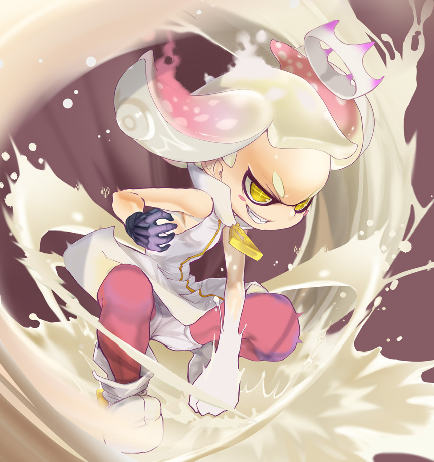 +_+ 1girl :d bare_shoulders blush_stickers commentary_request crown dress female_focus full_body gloves inkling mokomoko_yanakku multicolored_hair nintendo open_mouth pantyhose pantyhose_under_shorts pearl_(off_the_hook_outfit)_(splatoon) pearl_(splatoon) pink_hair pink_pantyhose shorts sleeveless sleeveless_dress smile solo splatoon_(series) splatoon_2 squatting teeth two-tone_hair white_hair white_paint yellow_eyes zipper