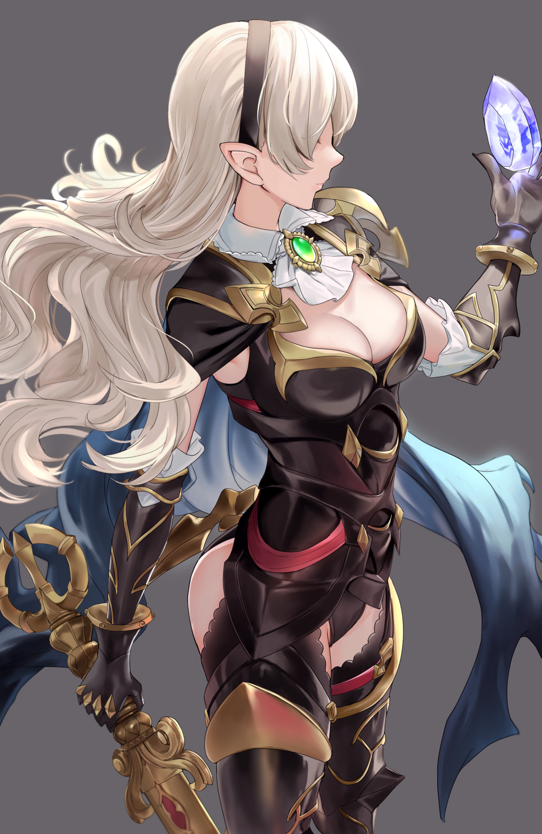 1girl armor armored_leotard ascot ass black_armor black_gloves black_hairband blue_cape breasts brooch cape cleavage closed_mouth commentary_request female_corrin_(fire_emblem) female_corrin_(nohr_noble)_(fire_emblem) dragonstone fire_emblem fire_emblem_fates fire_emblem_heroes floating_hair gloves grey_background grey_hair hairband haru_(nakajou-28) highres holding holding_sword holding_weapon jewelry leotard long_hair medium_breasts nintendo official_alternate_costume pointy_ears profile simple_background solo sword wavy_hair weapon white_ascot yato_(fire_emblem)